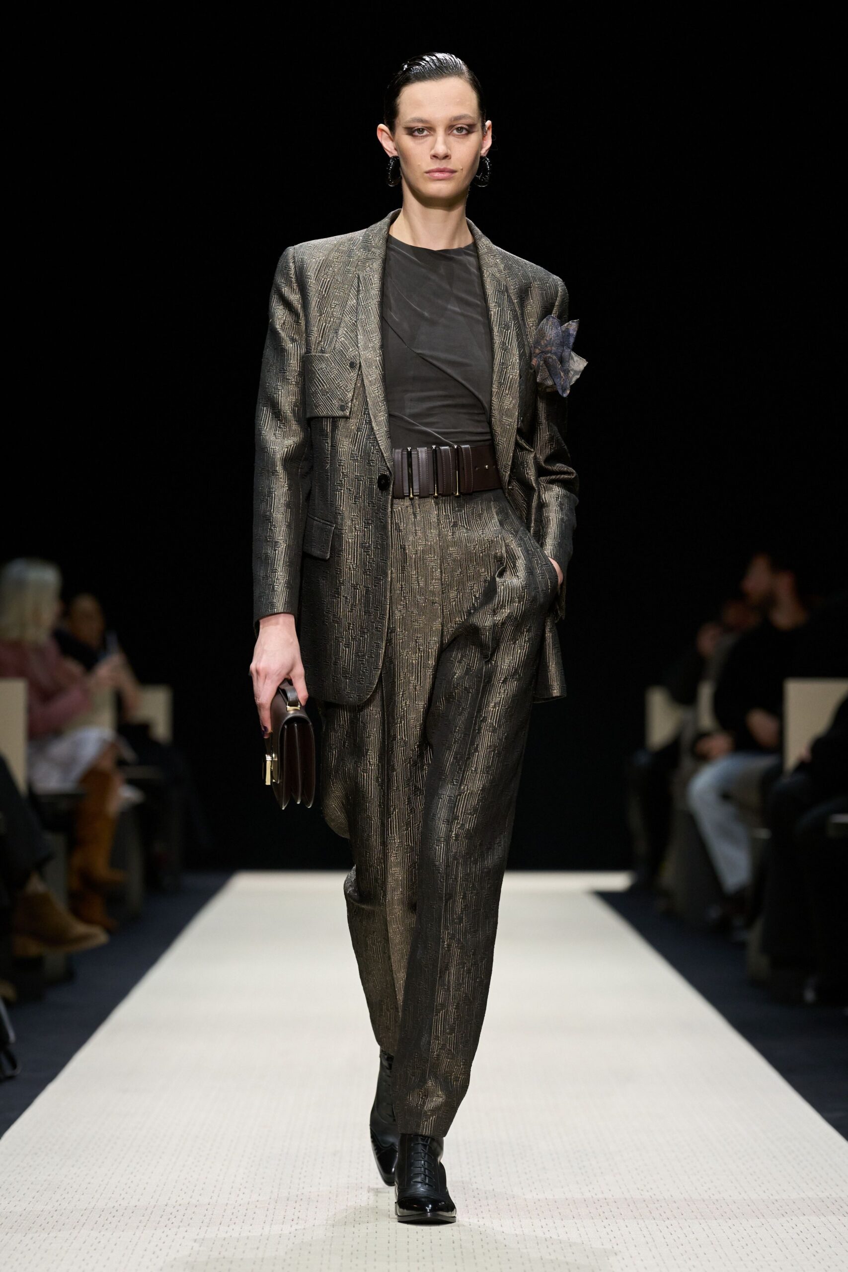 black silk long-sleeve collared tailored striped suit
