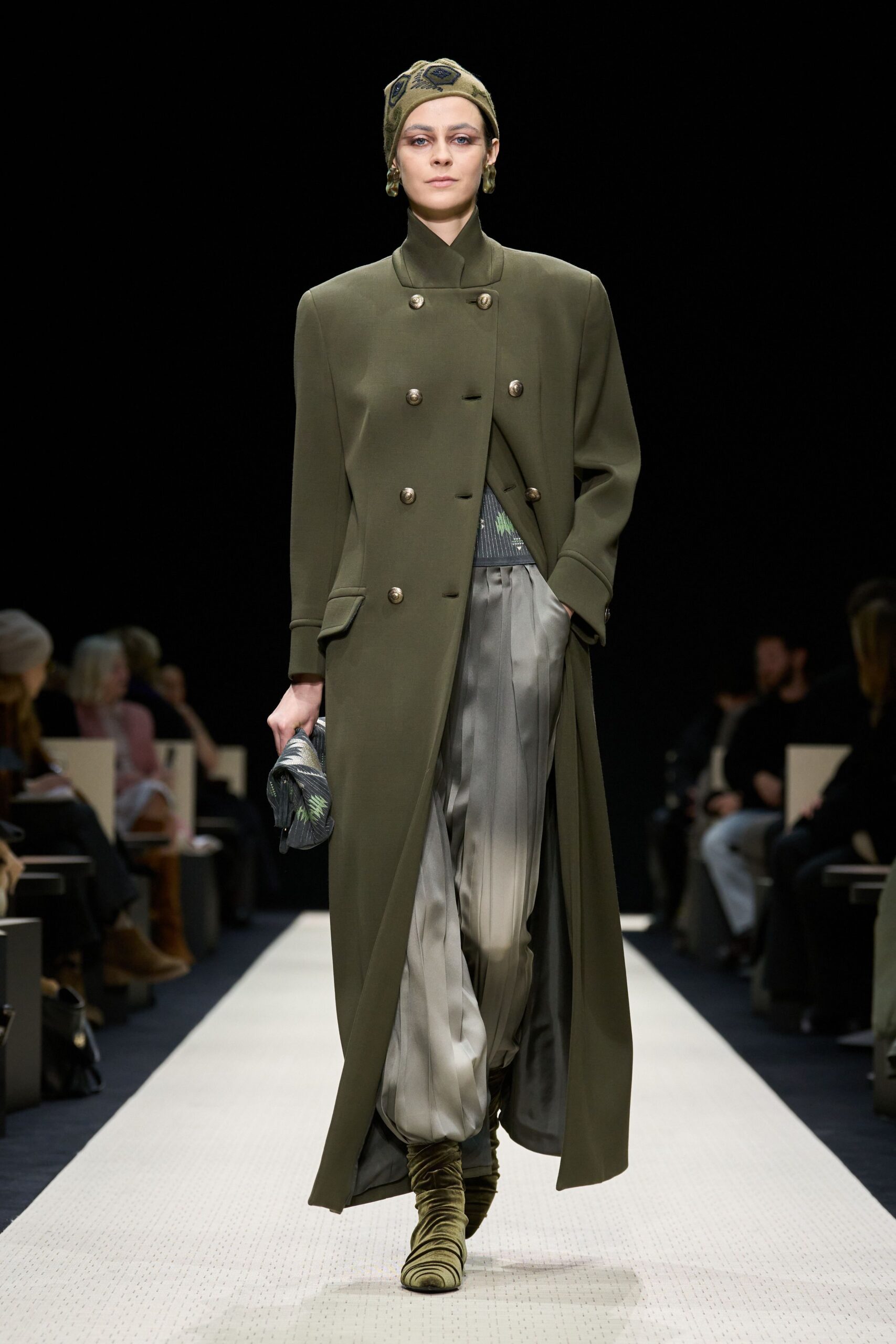 green wool long-sleeve collared tailored buttoned maxi coat