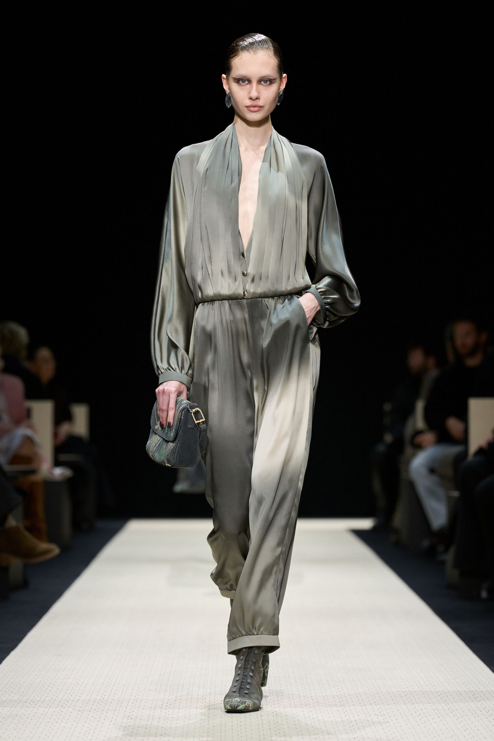 gray silk long-sleeve v-neck relaxed pleated flowing jumpsuit