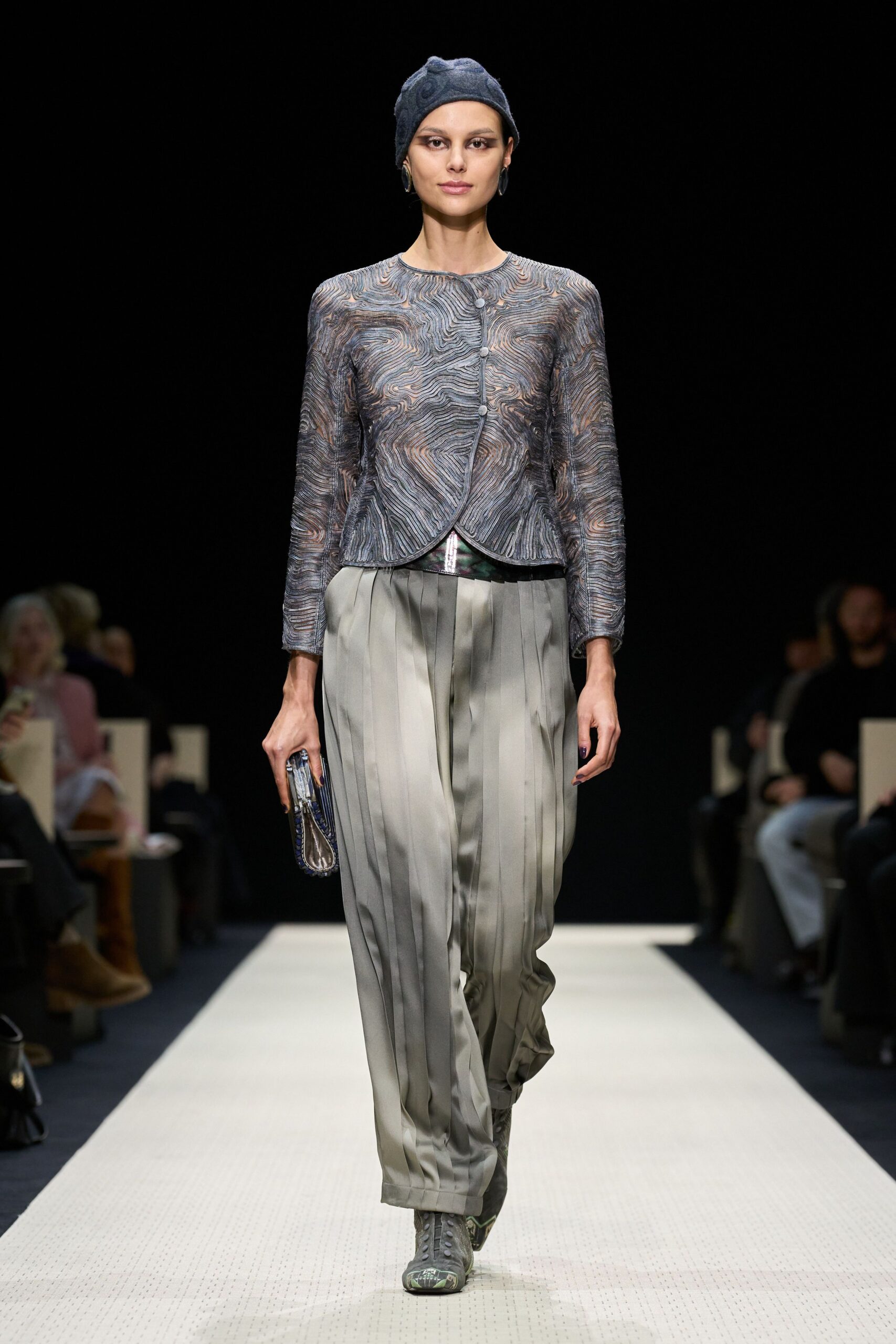 gray silk long-sleeve collared fitted embroidered jacket