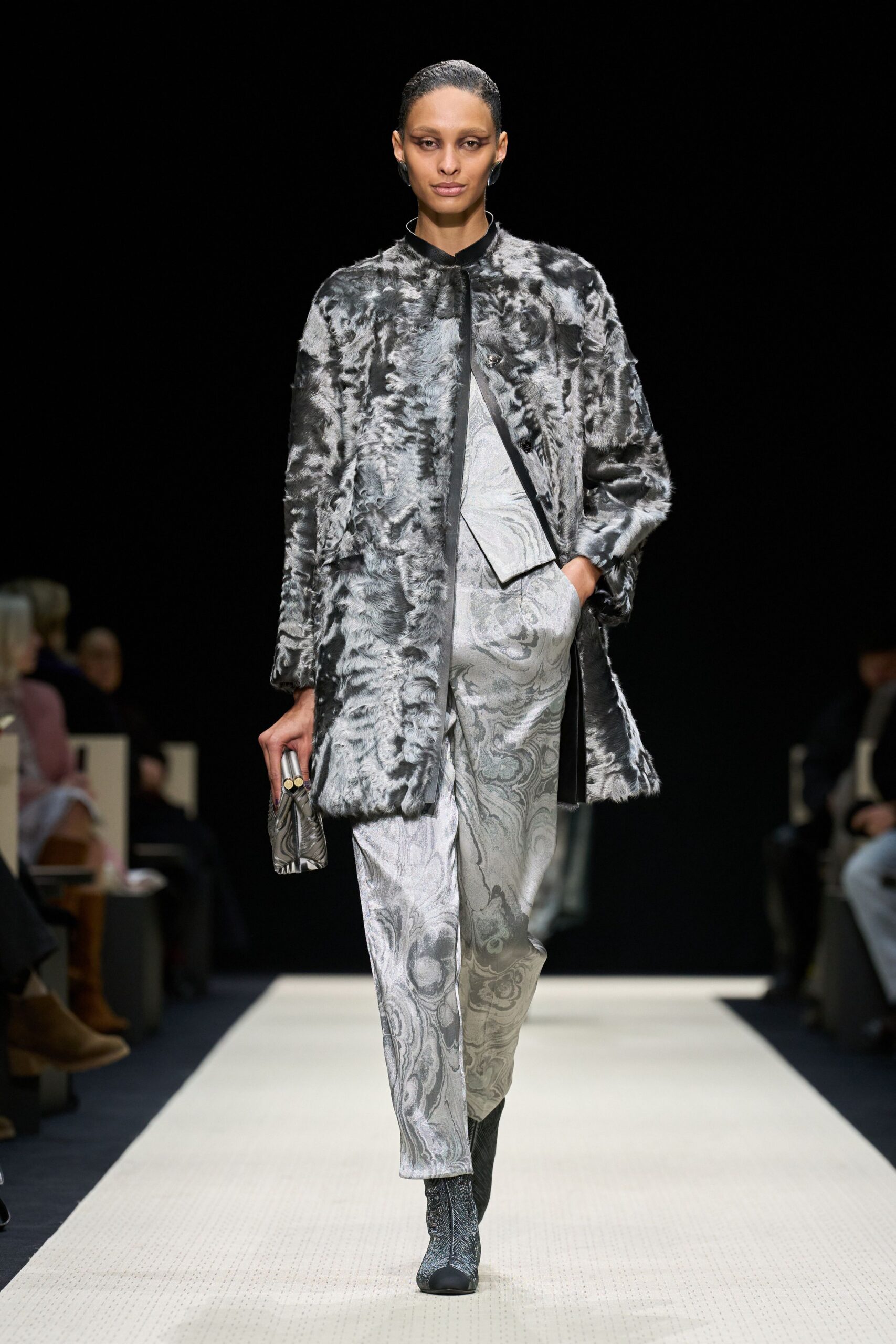 gray silk fitted printed pants