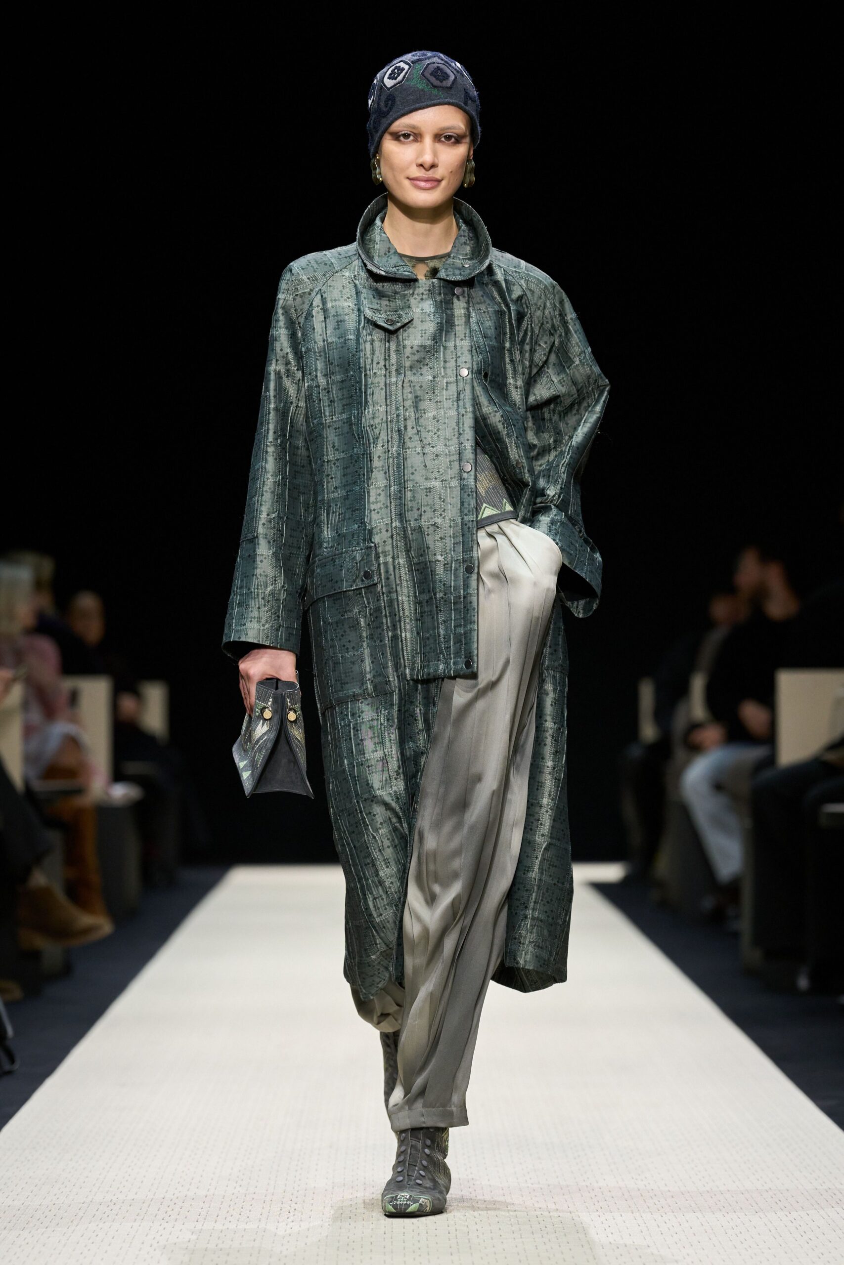 green silk long-sleeve collared relaxed textured coat