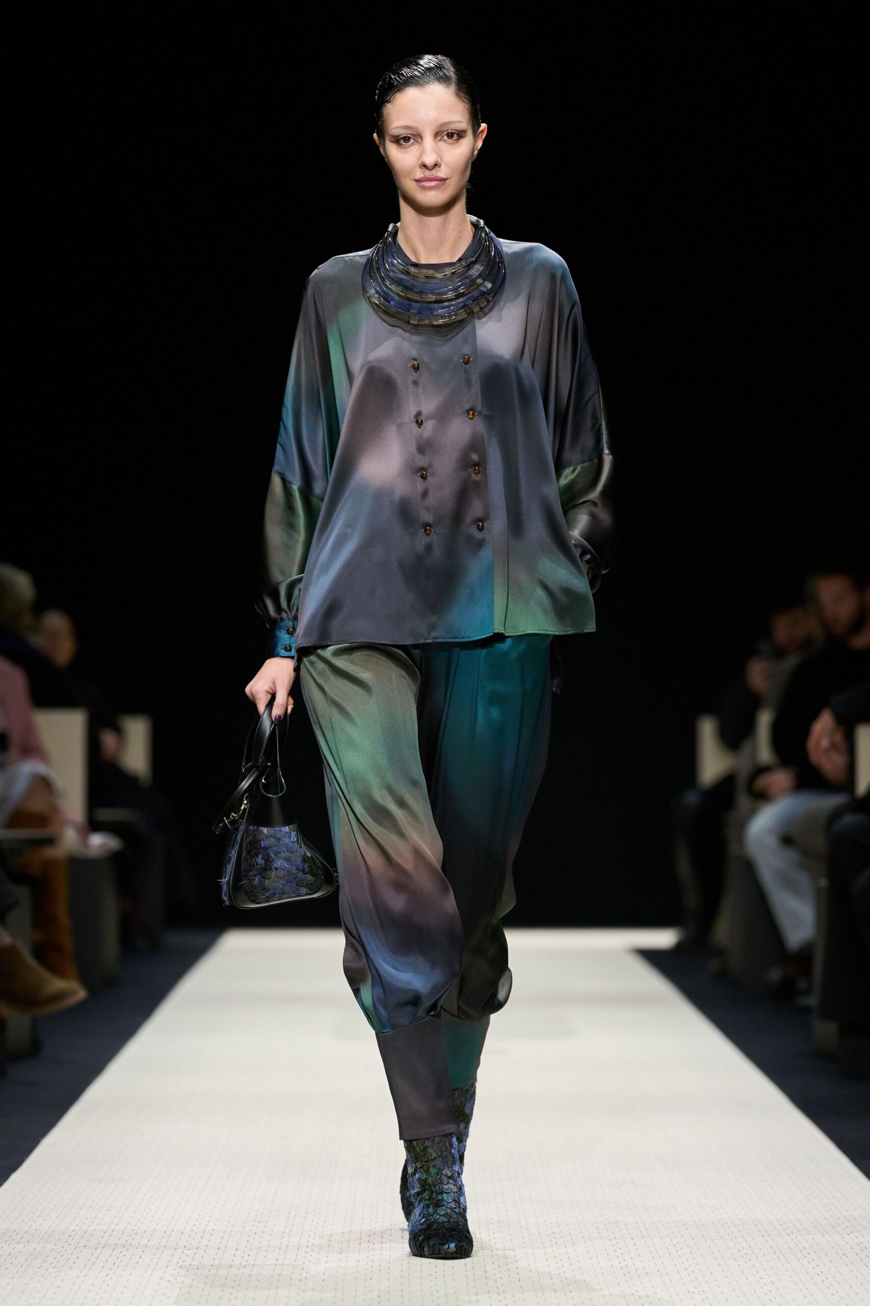 blue silk long-sleeve collared relaxed buttoned shiny top