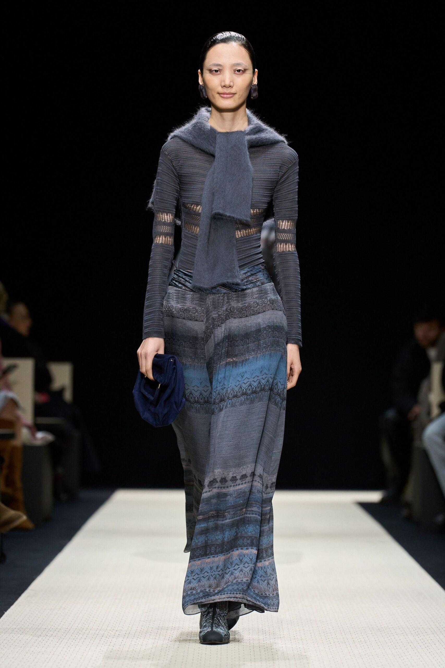 blue cotton long-sleeve v-neck fitted layered printed dress