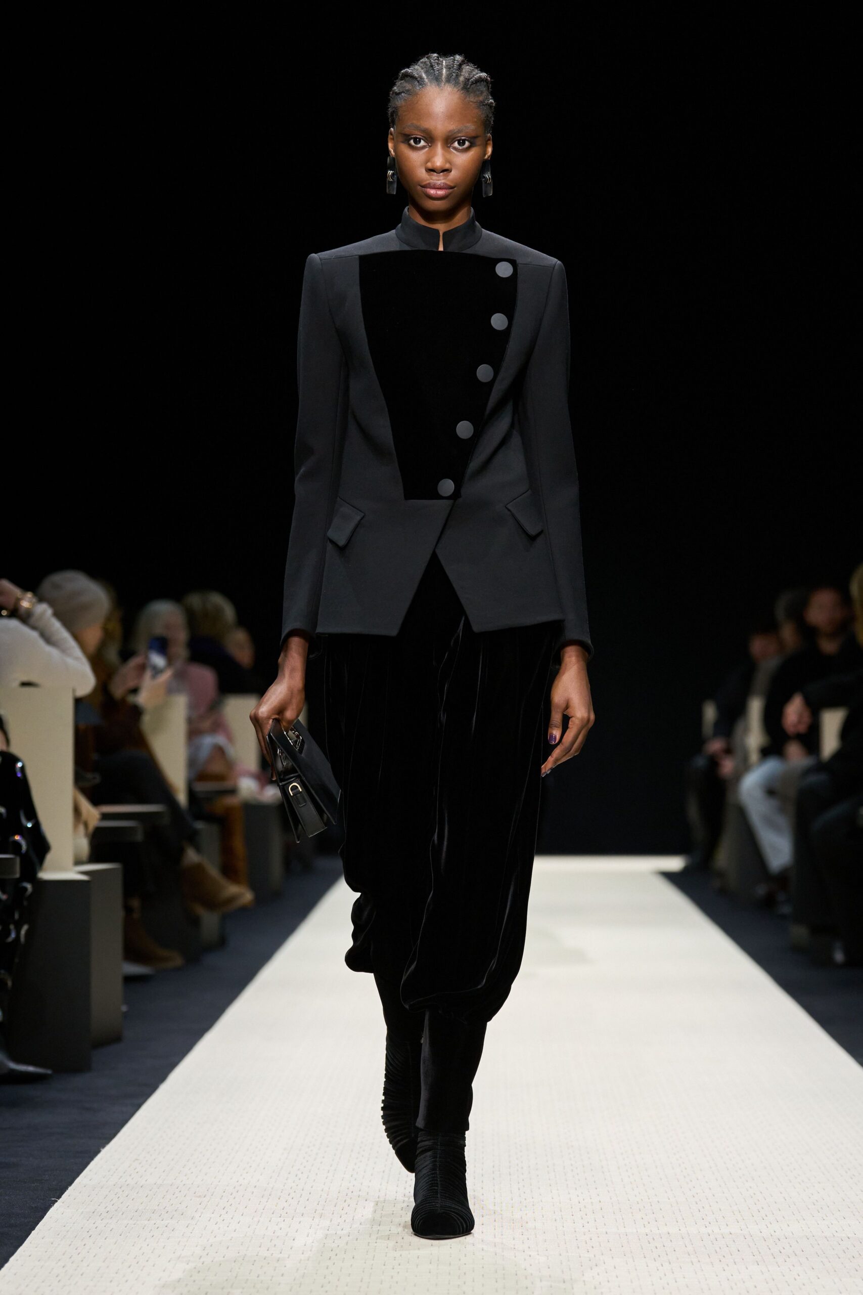 black velvet long-sleeve collared structured buttoned blazer