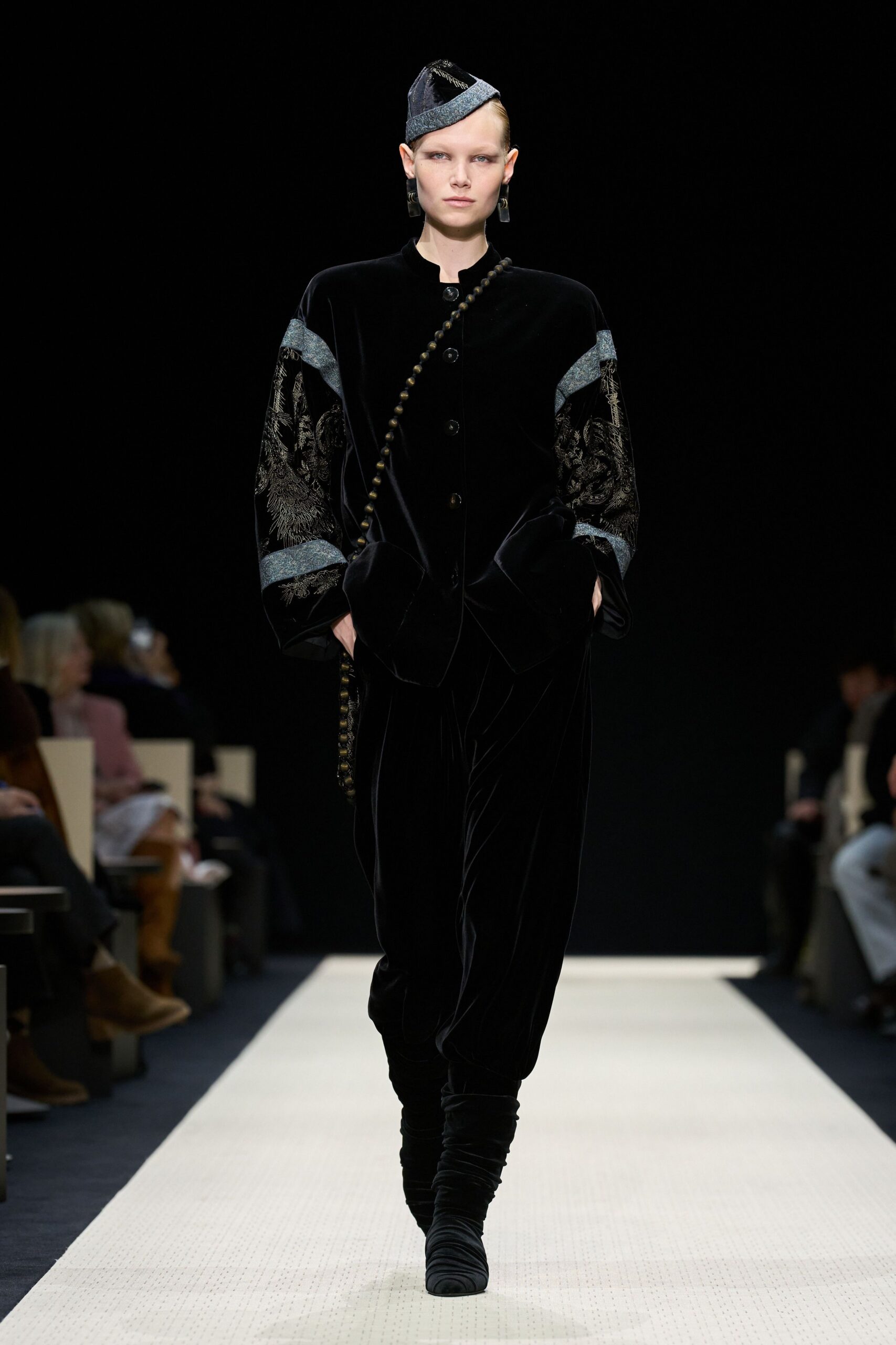black velvet long-sleeve collared fitted embroidered zippered jumpsuit