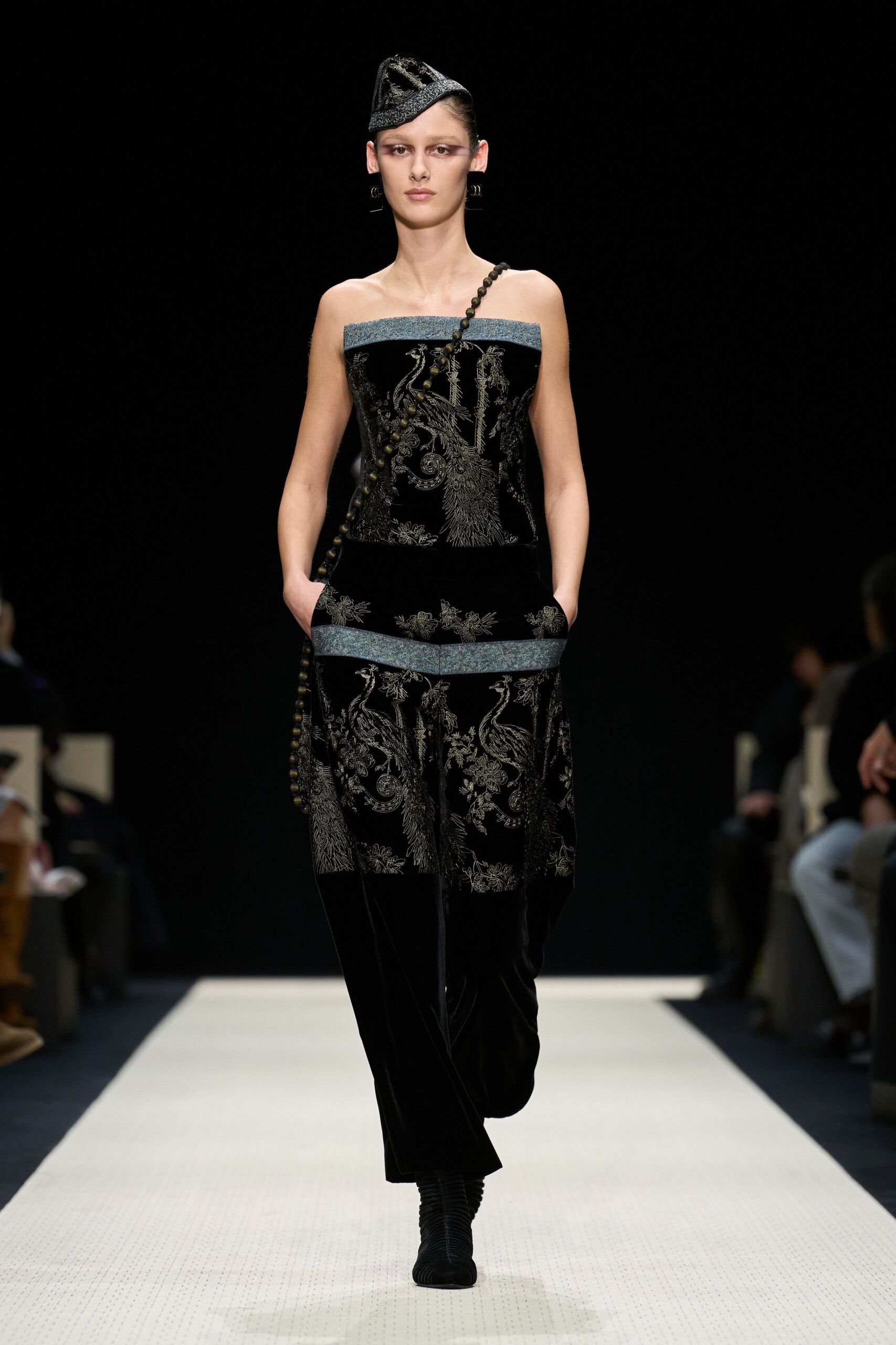 black velvet sleeveless off-shoulder fitted embroidered pockets jumpsuit