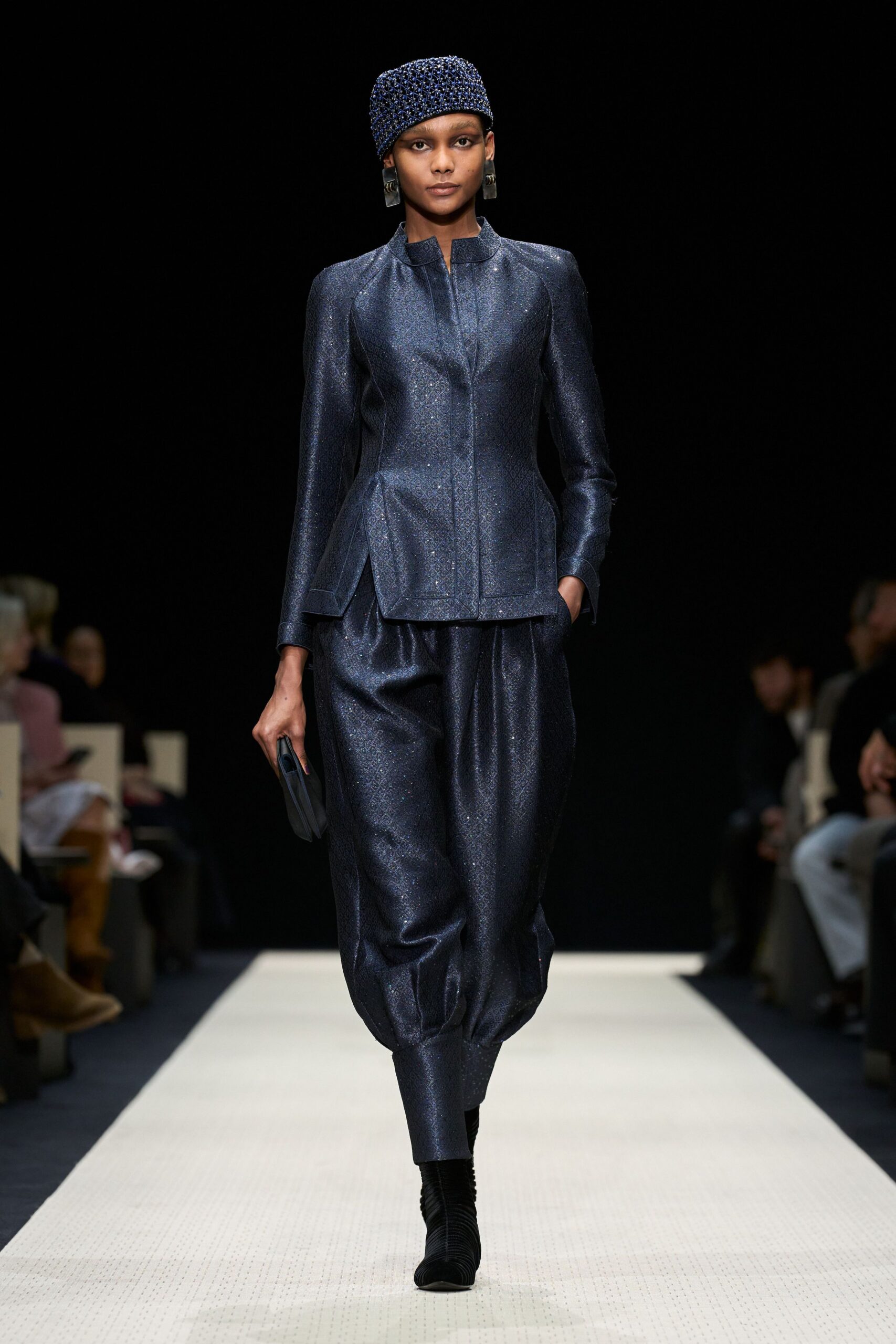 blue silk long-sleeve collared structured zippered shiny jacket
