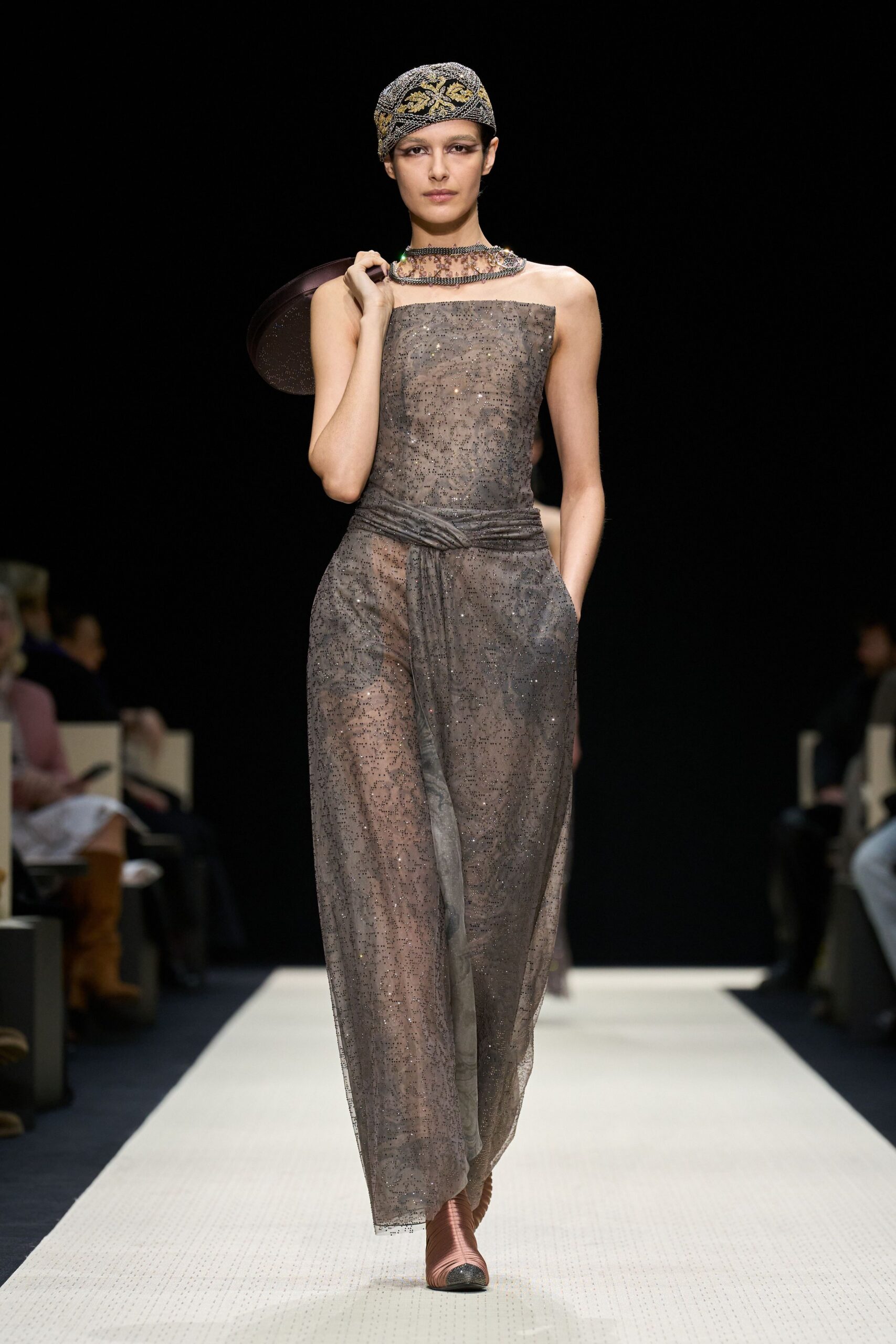 black silk sleeveless high-neck fitted draped gown