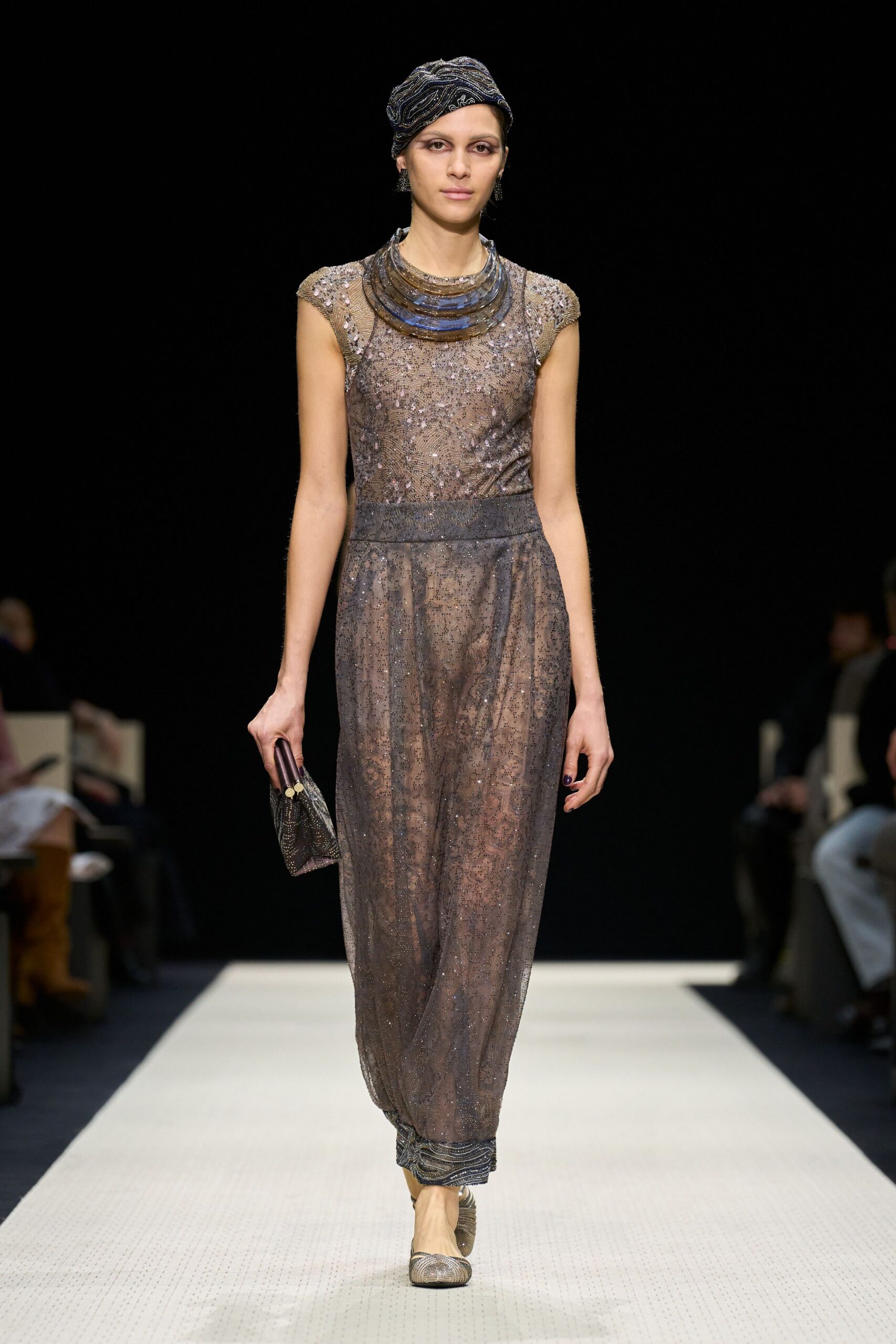 gray silk sleeveless high-neck fitted sequined draped gown