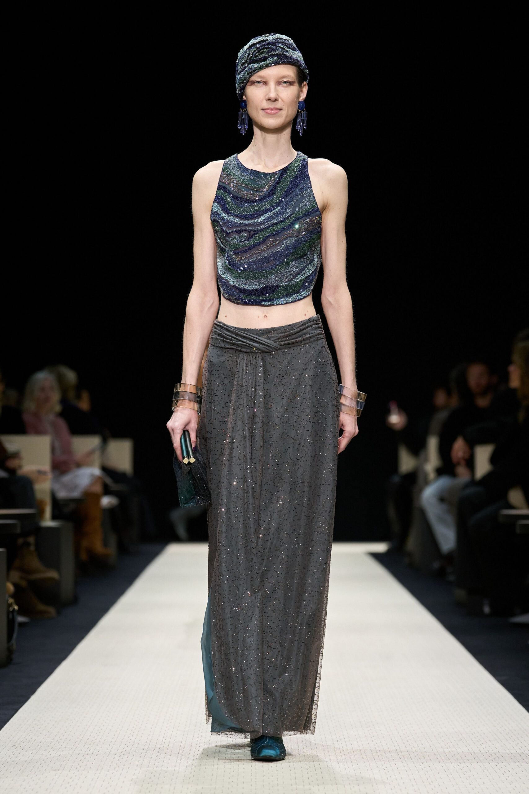 gray silk fitted high-waisted pleated flowing maxi skirt