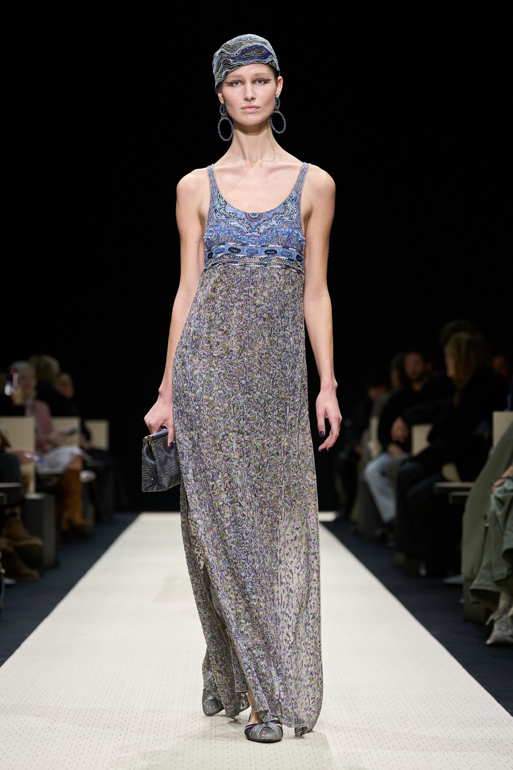 blue silk sleeveless v-neck fitted floral layered gown