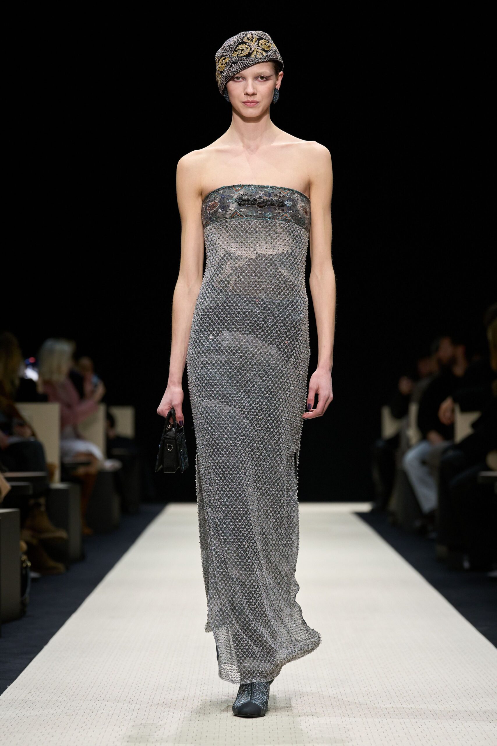 gray mesh strapless fitted layered sheer maxi gown
