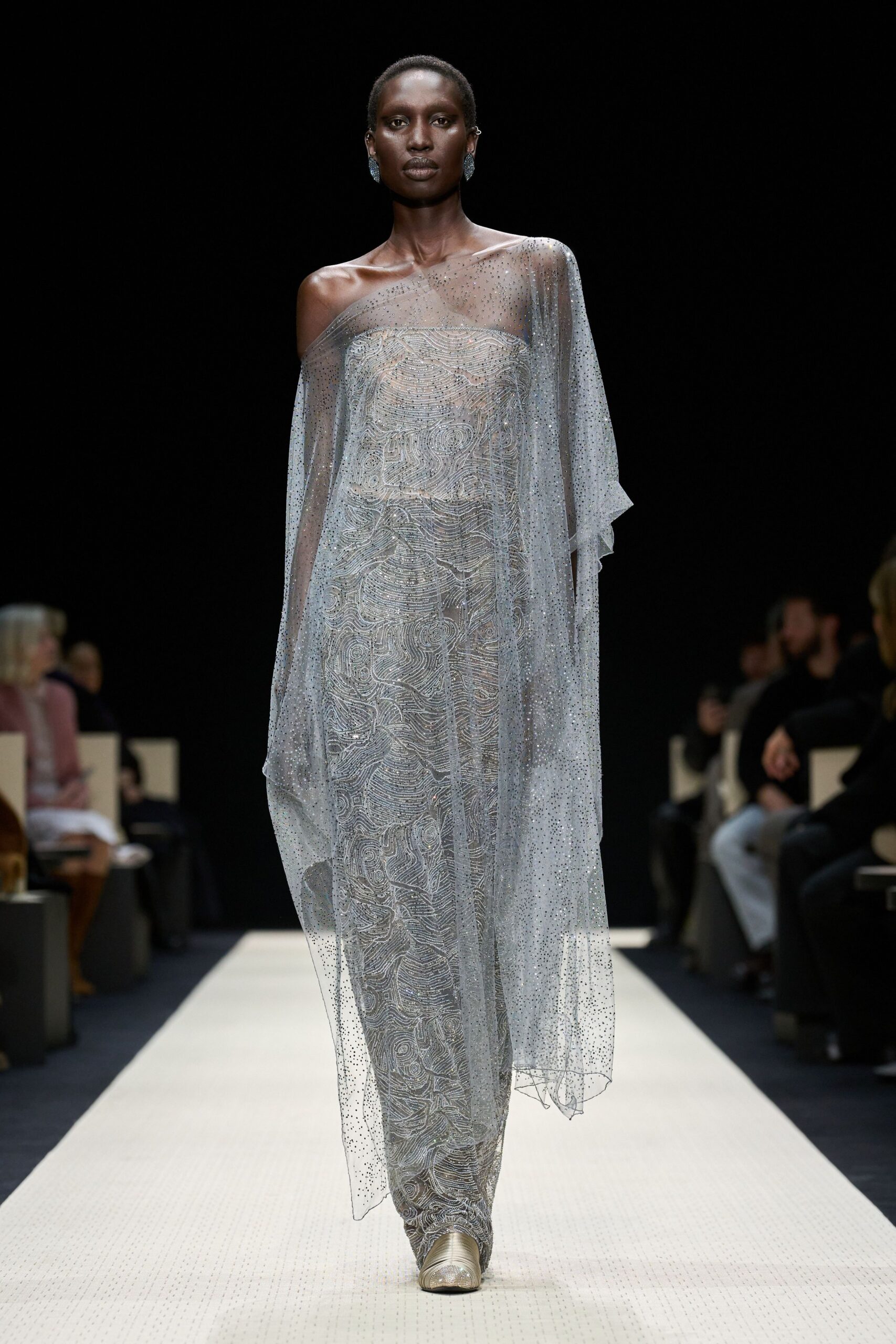 silver sheer off-shoulder gown