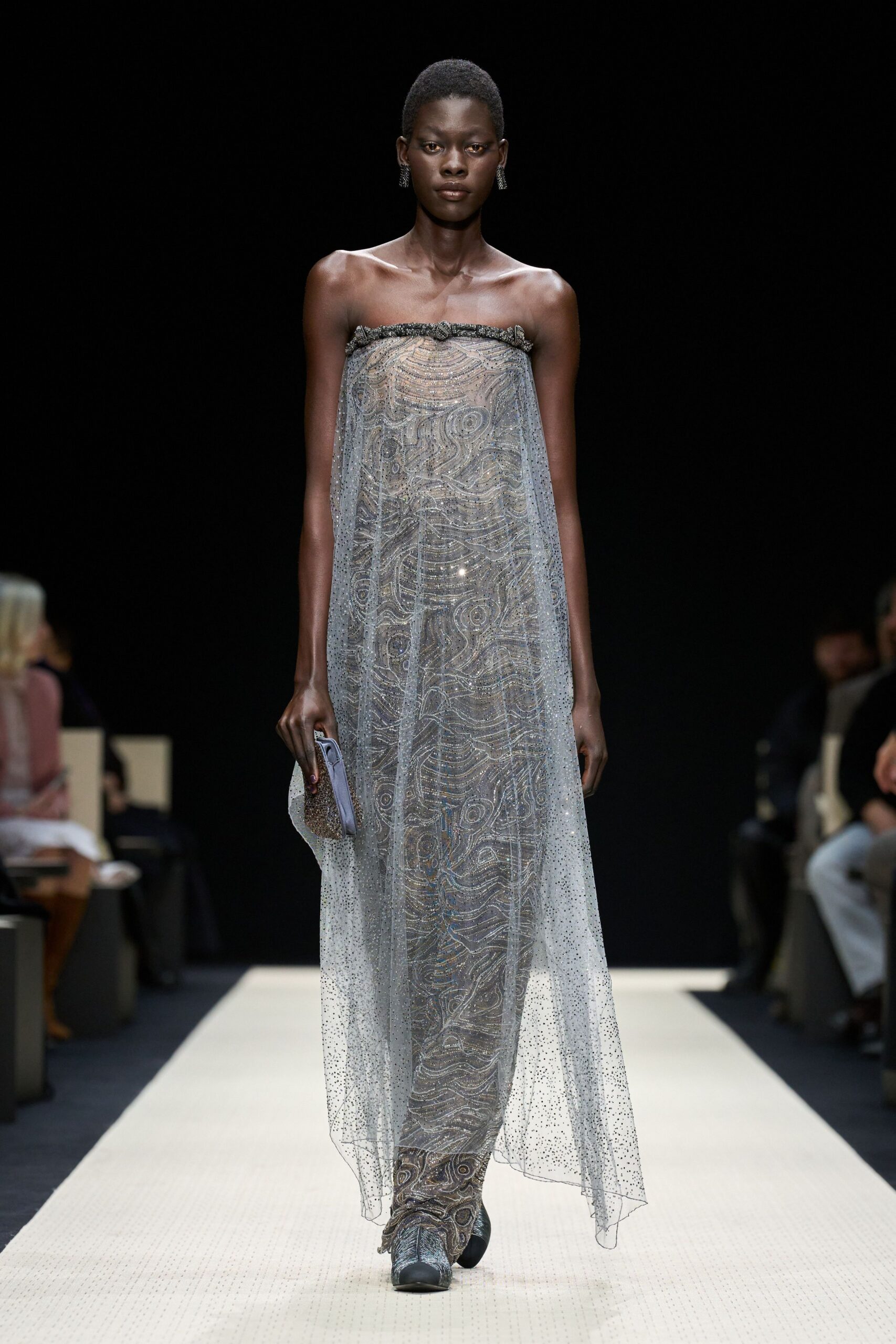 gray mesh strapless fitted layered sheer flowing gown
