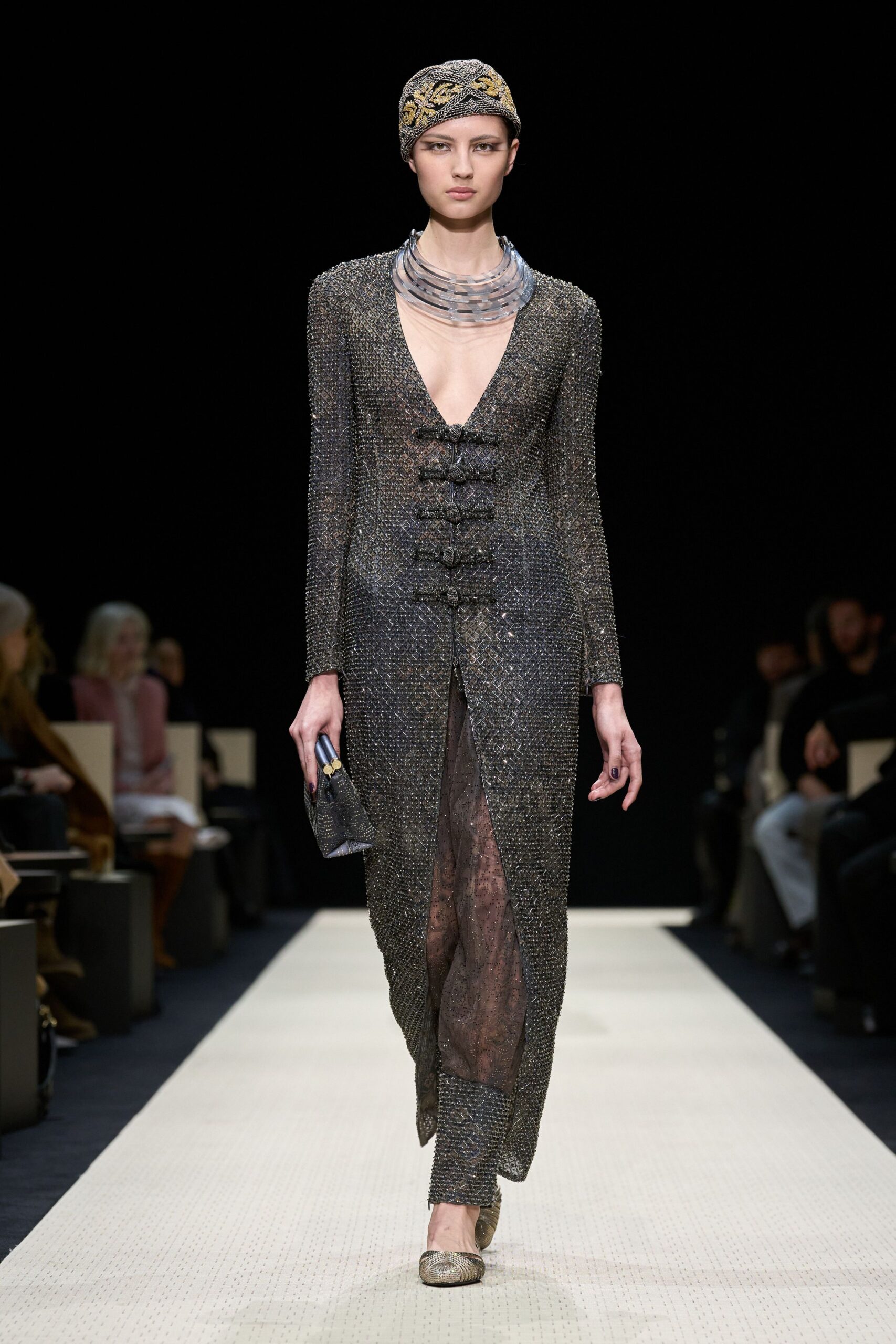 gray silk long-sleeve v-neck fitted sequined sheer gown