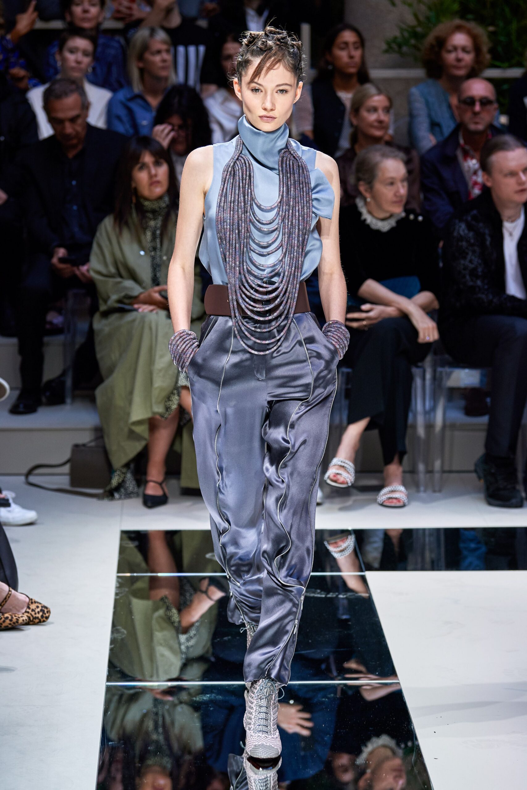 gray metallic zippered shiny shoes