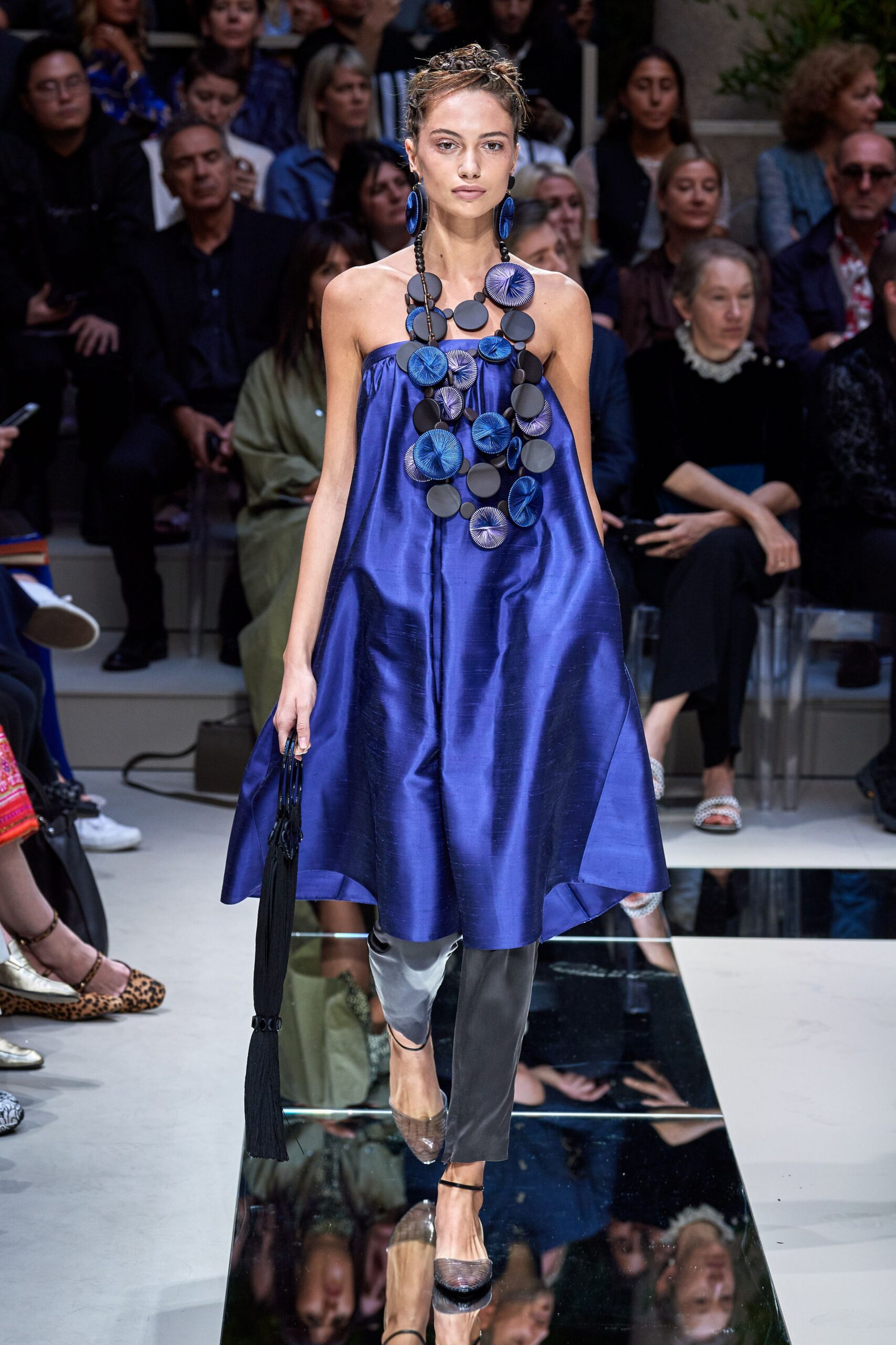 blue silk sleeveless off-shoulder relaxed draped flowing dress