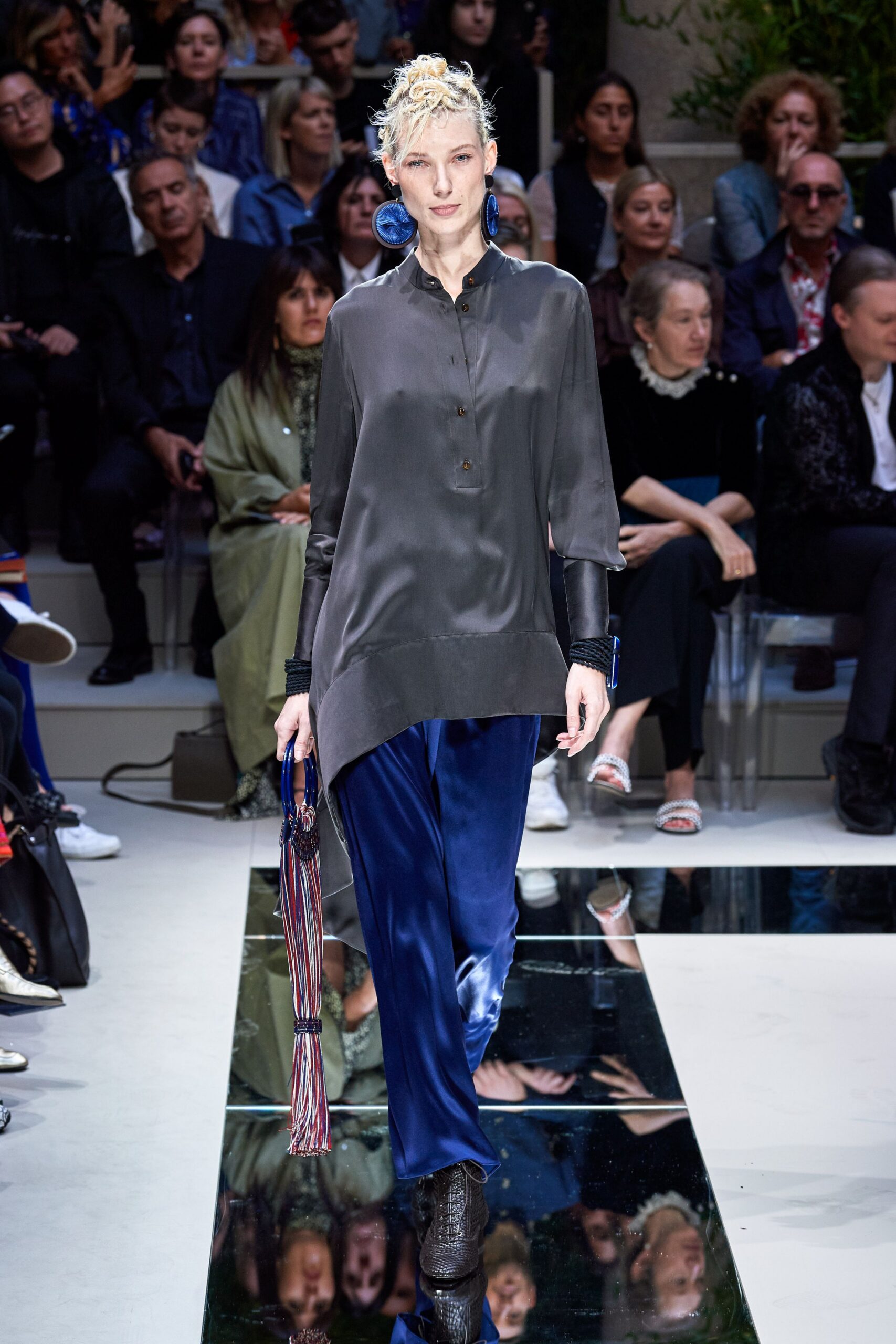 gray silk long-sleeve collared relaxed top