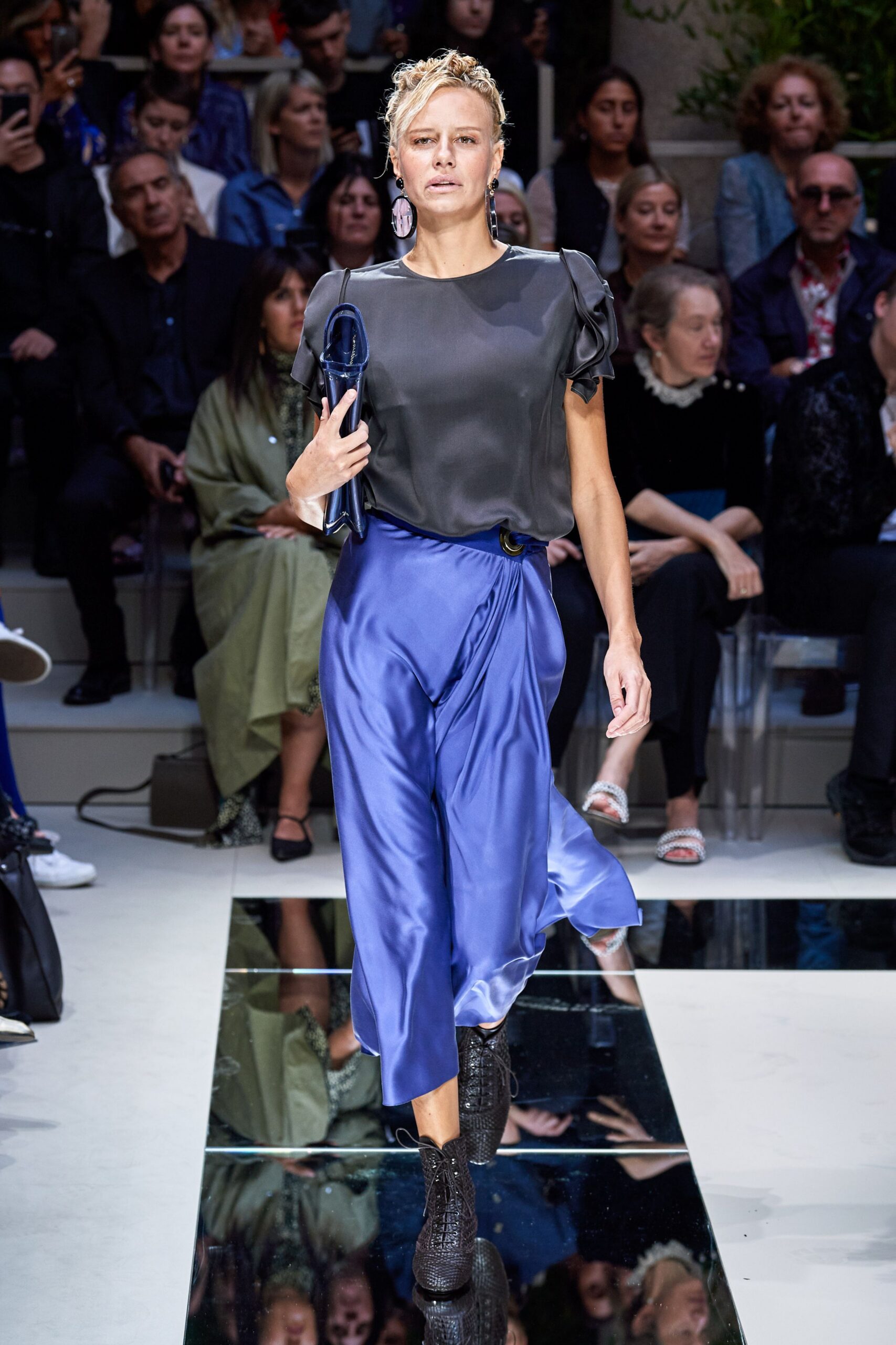 blue silk asymmetric relaxed draped flowing midi skirt