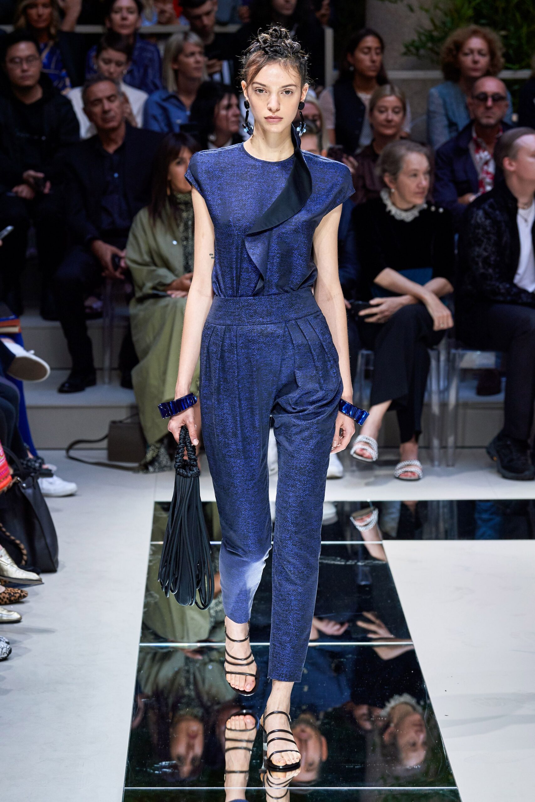blue silk sleeveless high-neck fitted top