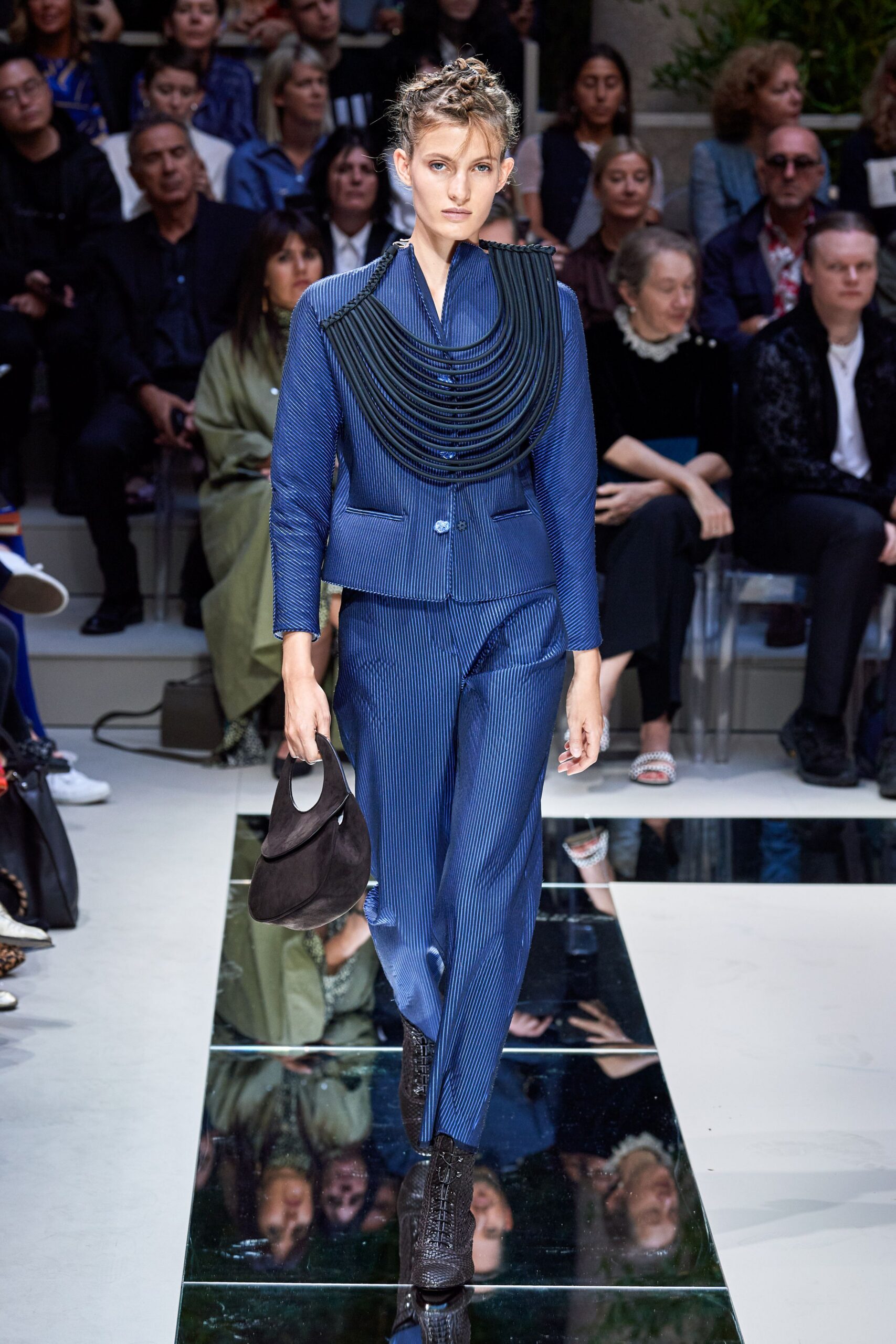 blue cotton tailored straight-leg pants