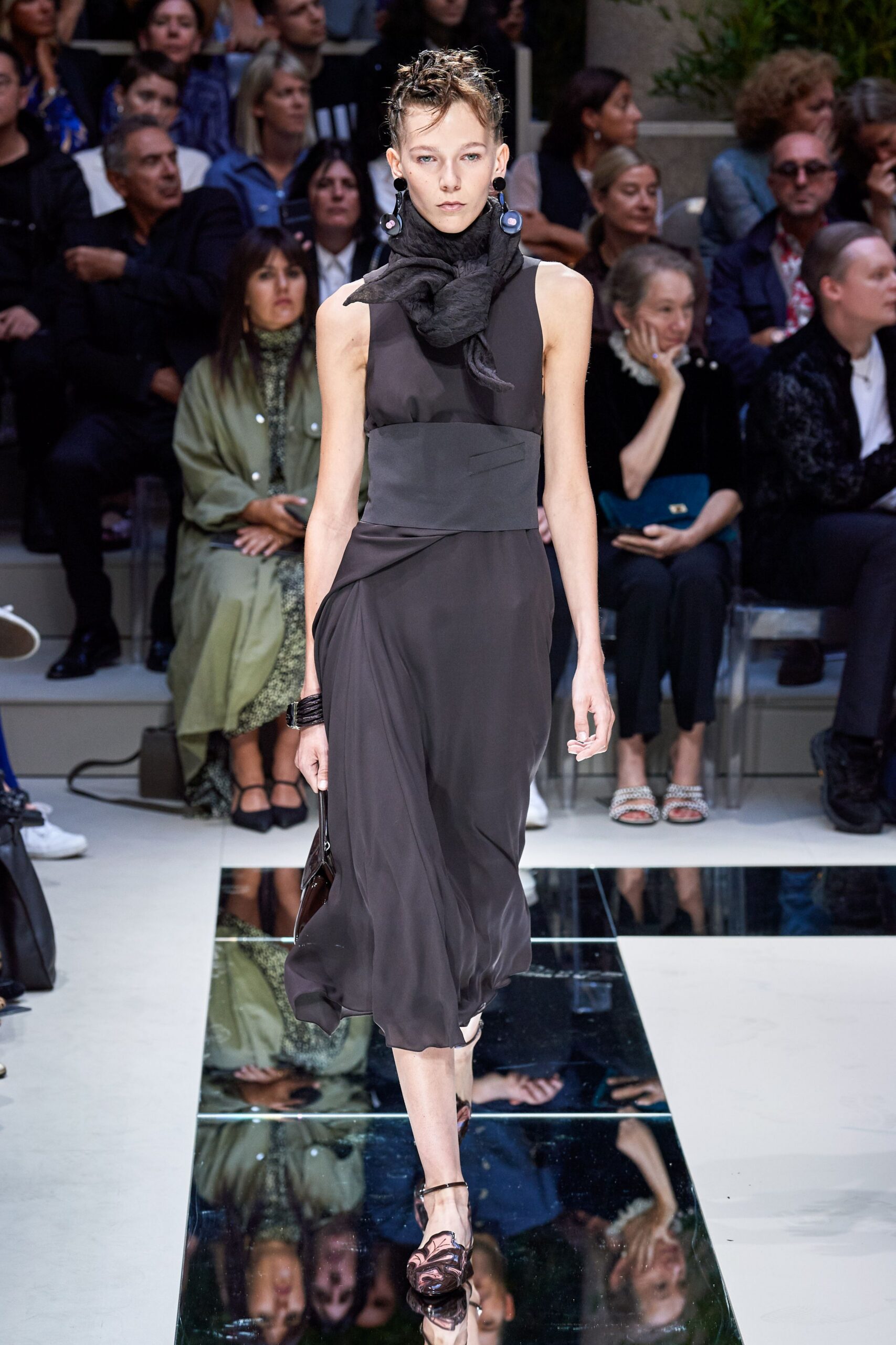 black silk sleeveless v-neck fitted draped flowing dress