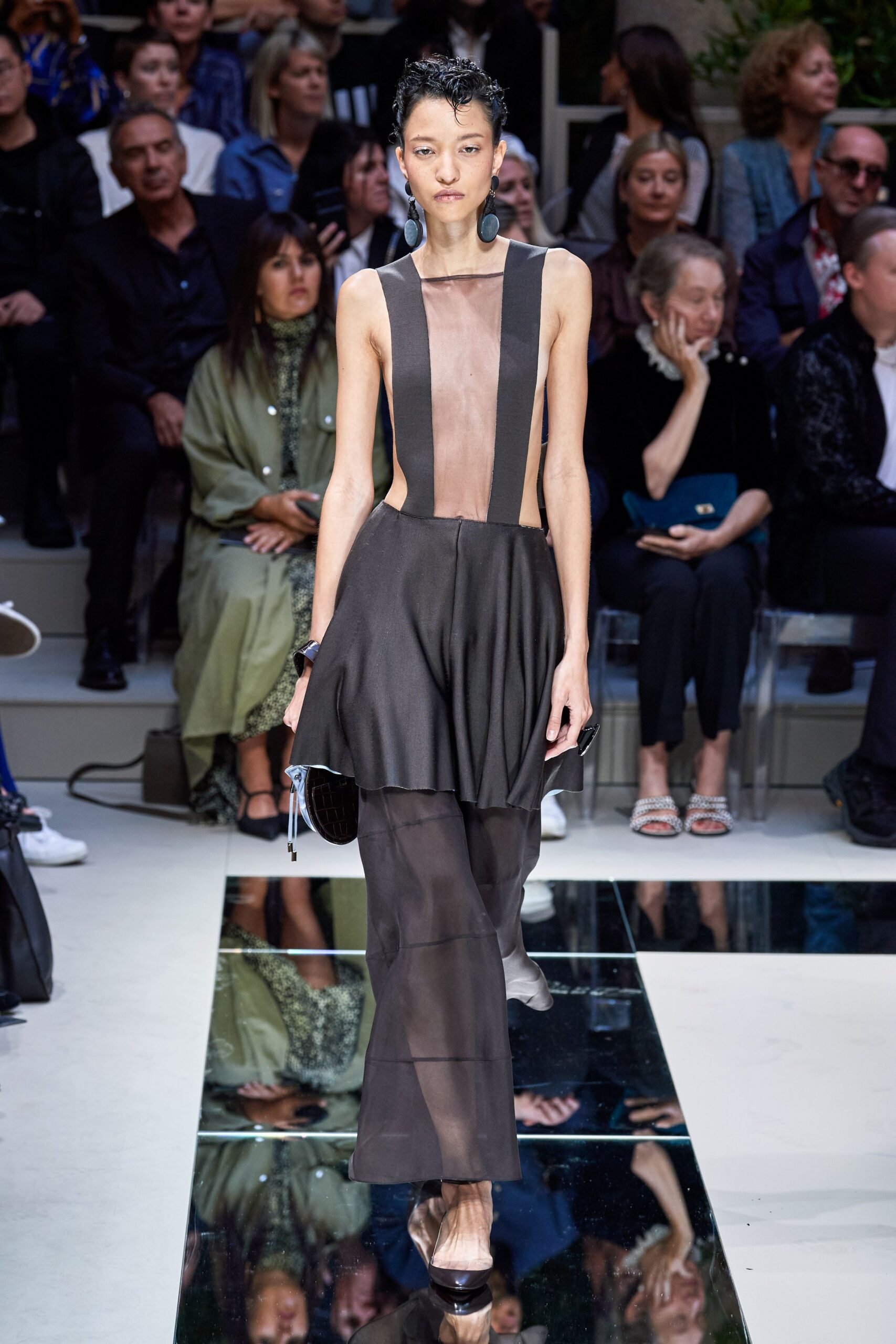 black silk sleeveless v-neck fitted draped sheer dress