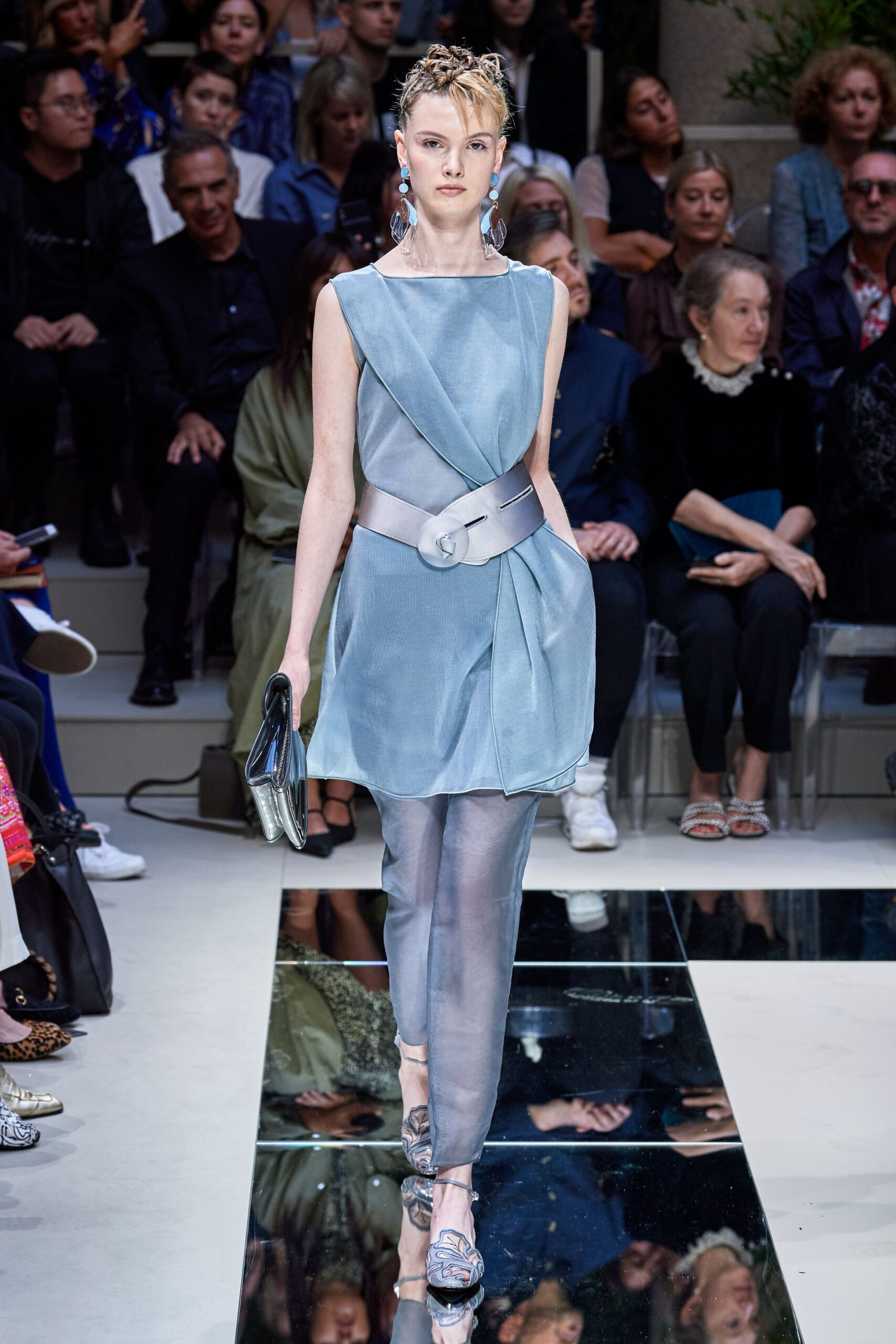 blue silk sleeveless v-neck fitted draped belted dress