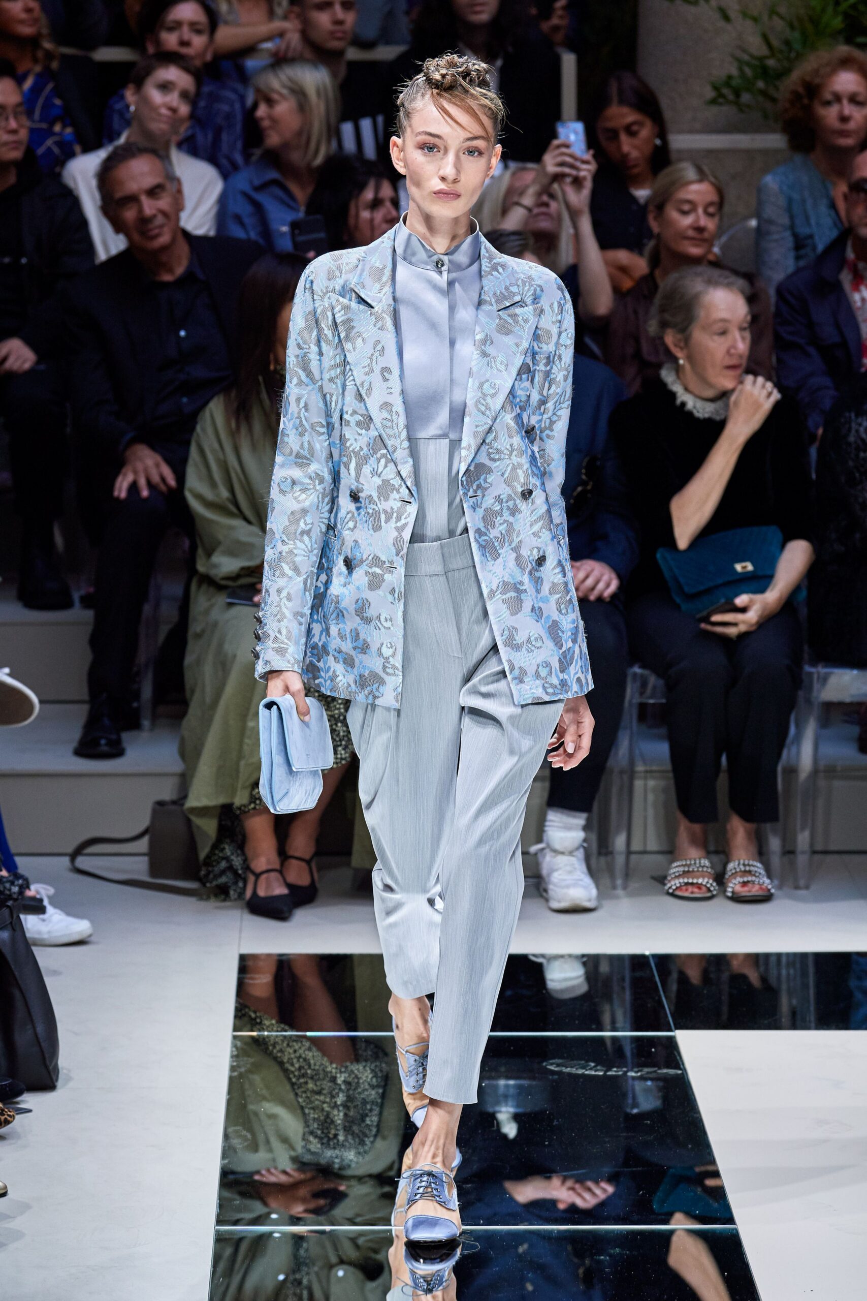 gray silk long-sleeve collared fitted shirt