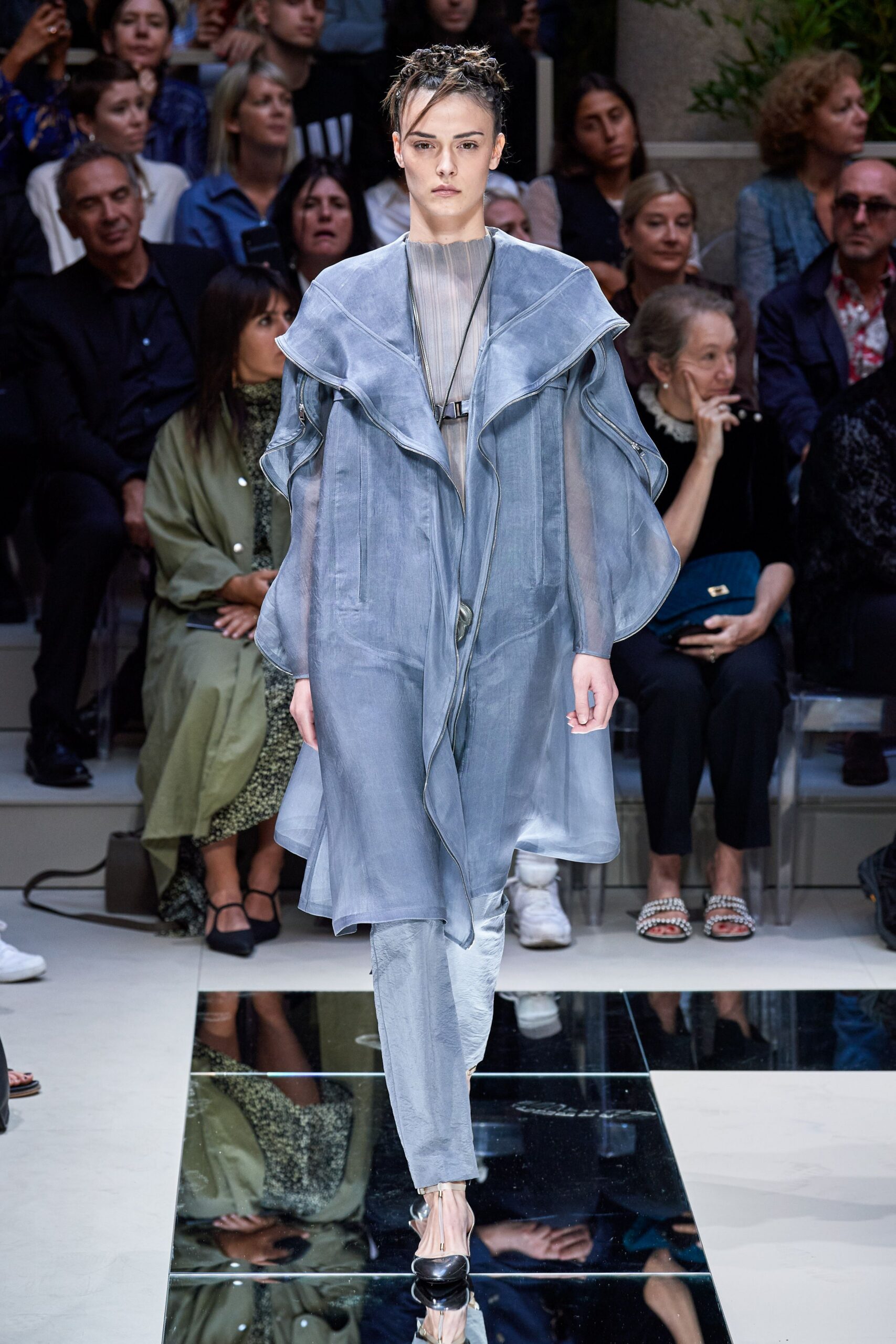 blue silk long-sleeve collared relaxed draped sheer coat