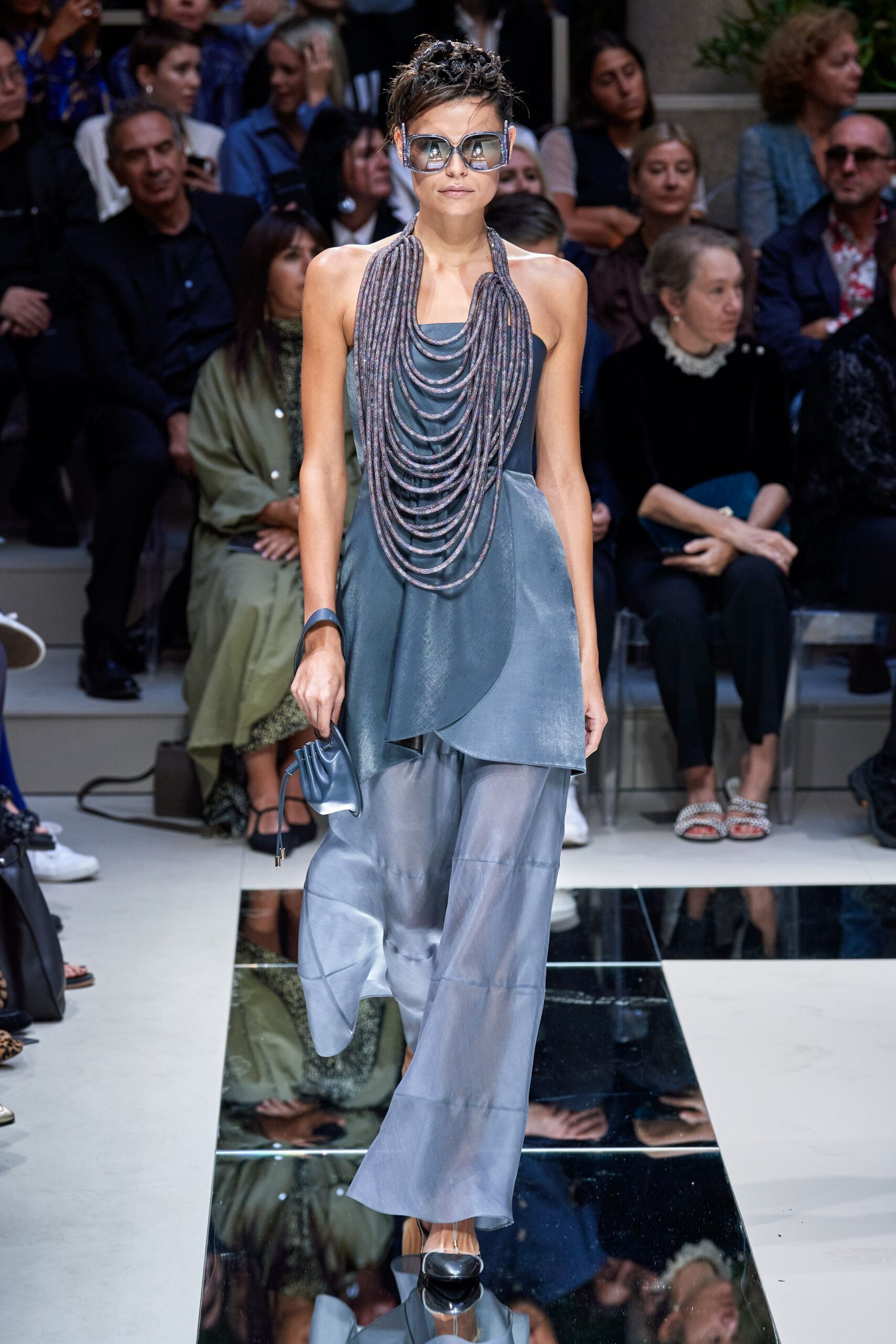 blue silk sleeveless v-neck fitted flowing top