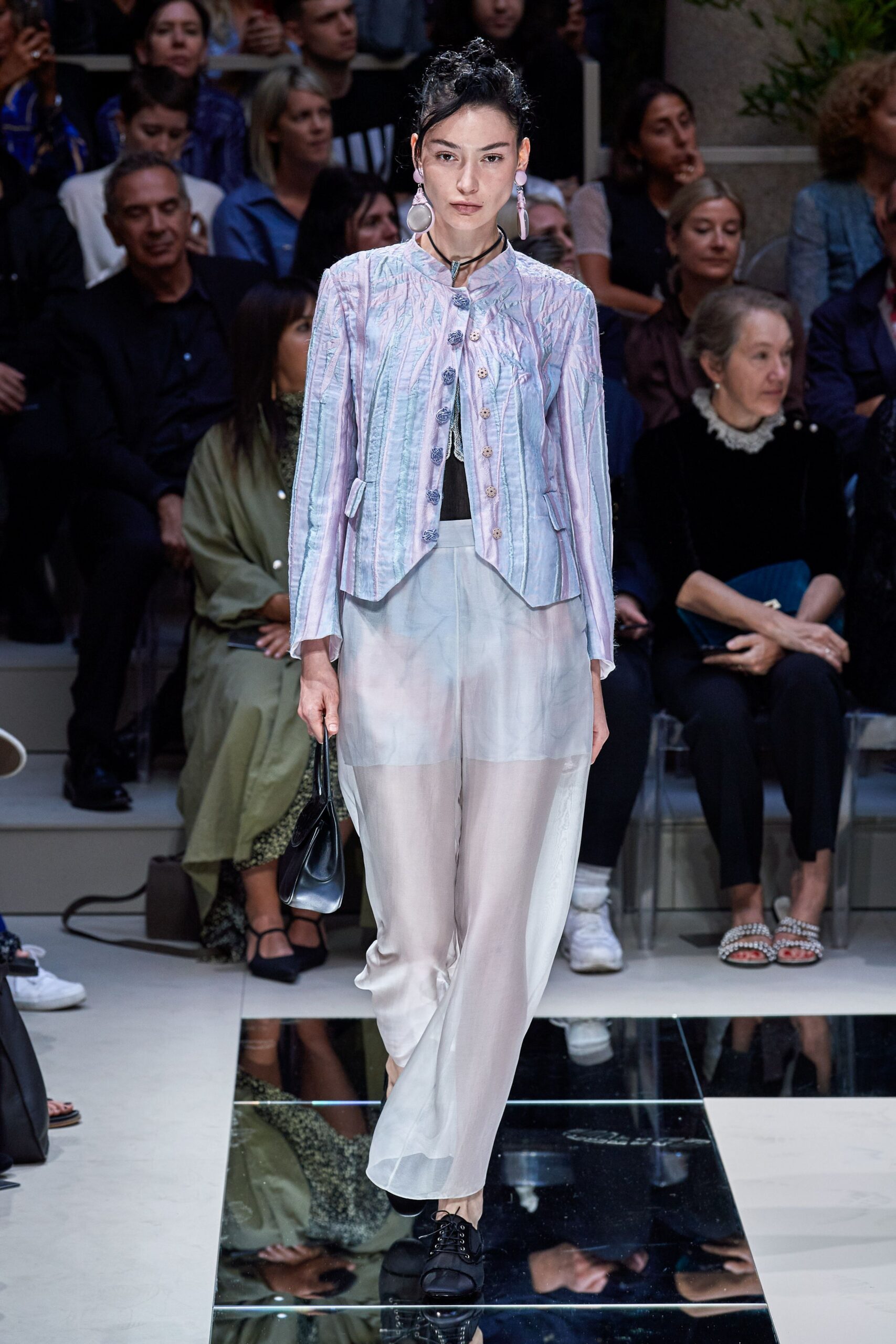 pink silk long-sleeve collared fitted pleated shiny jacket