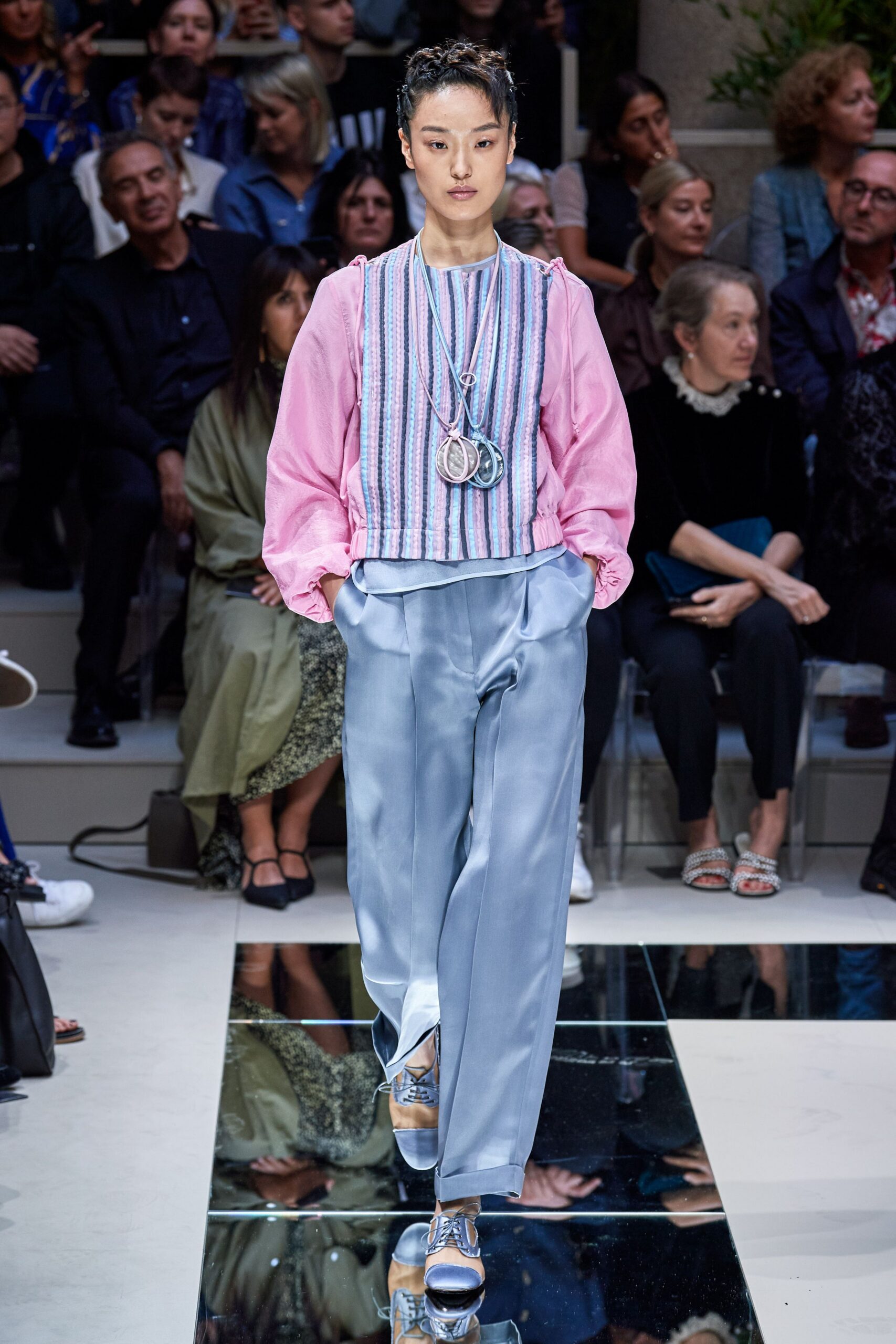 pink cotton long-sleeve collared relaxed striped top
