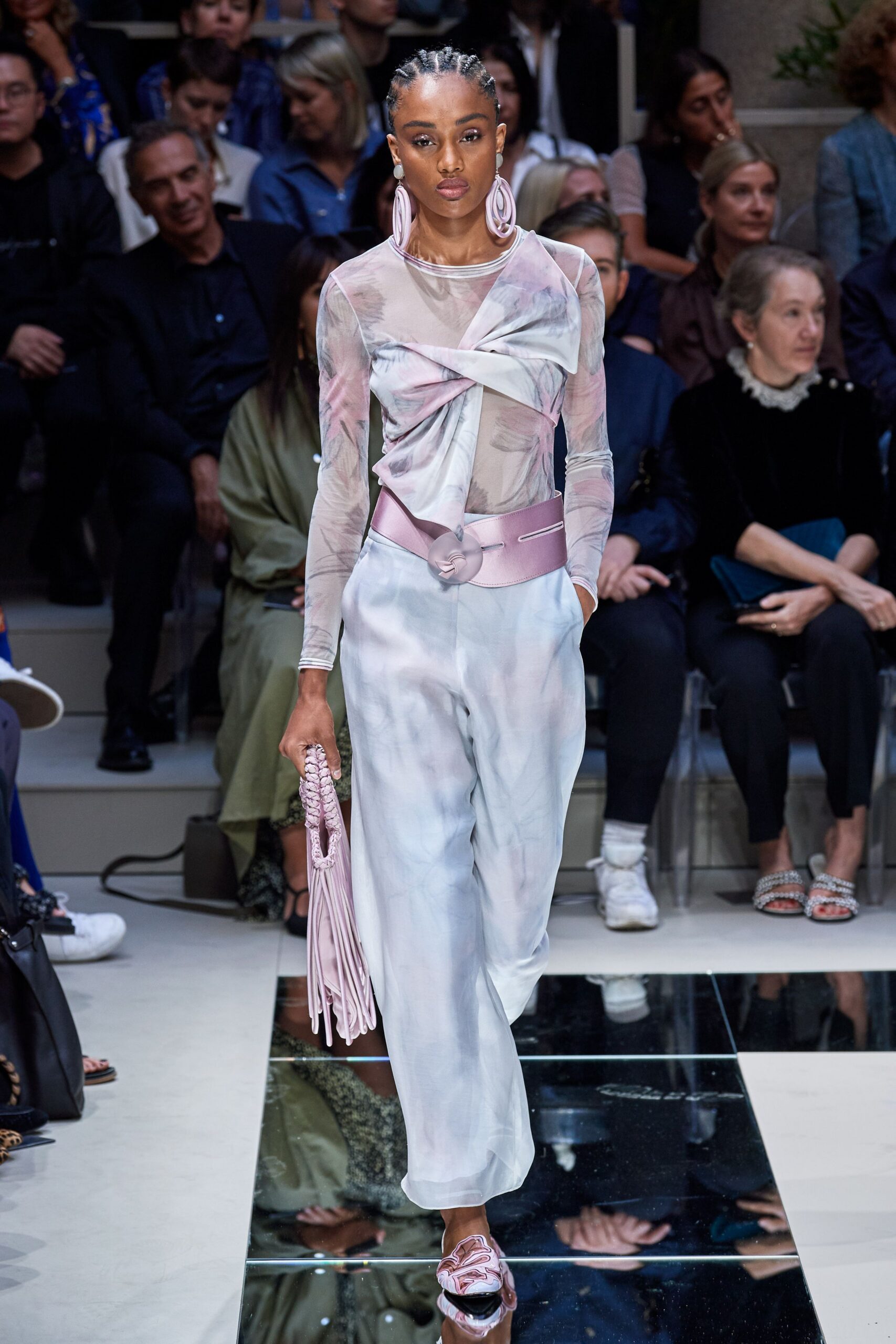pink silk long-sleeve v-neck fitted draped sheer top