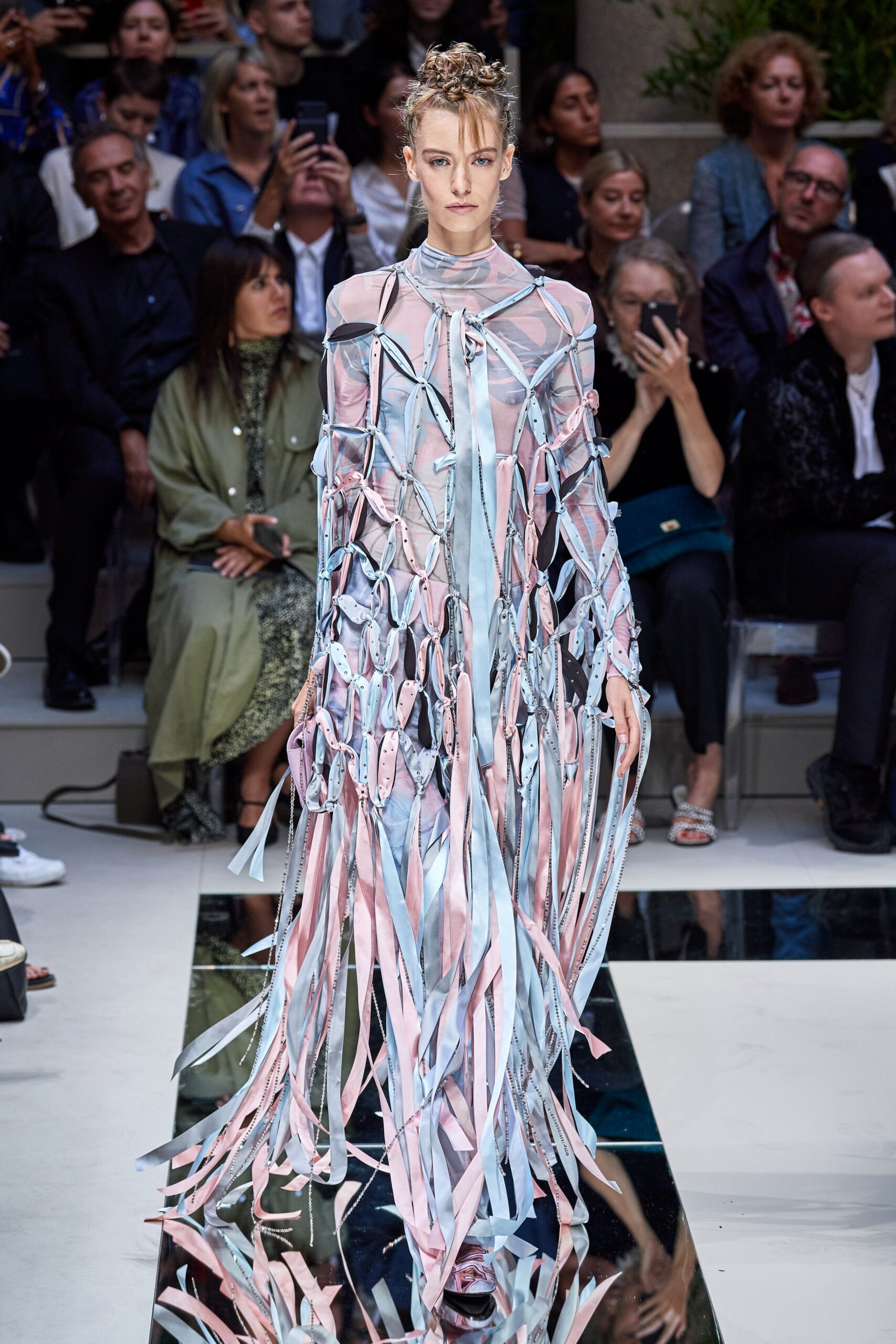 blue pink sheer fringed gown