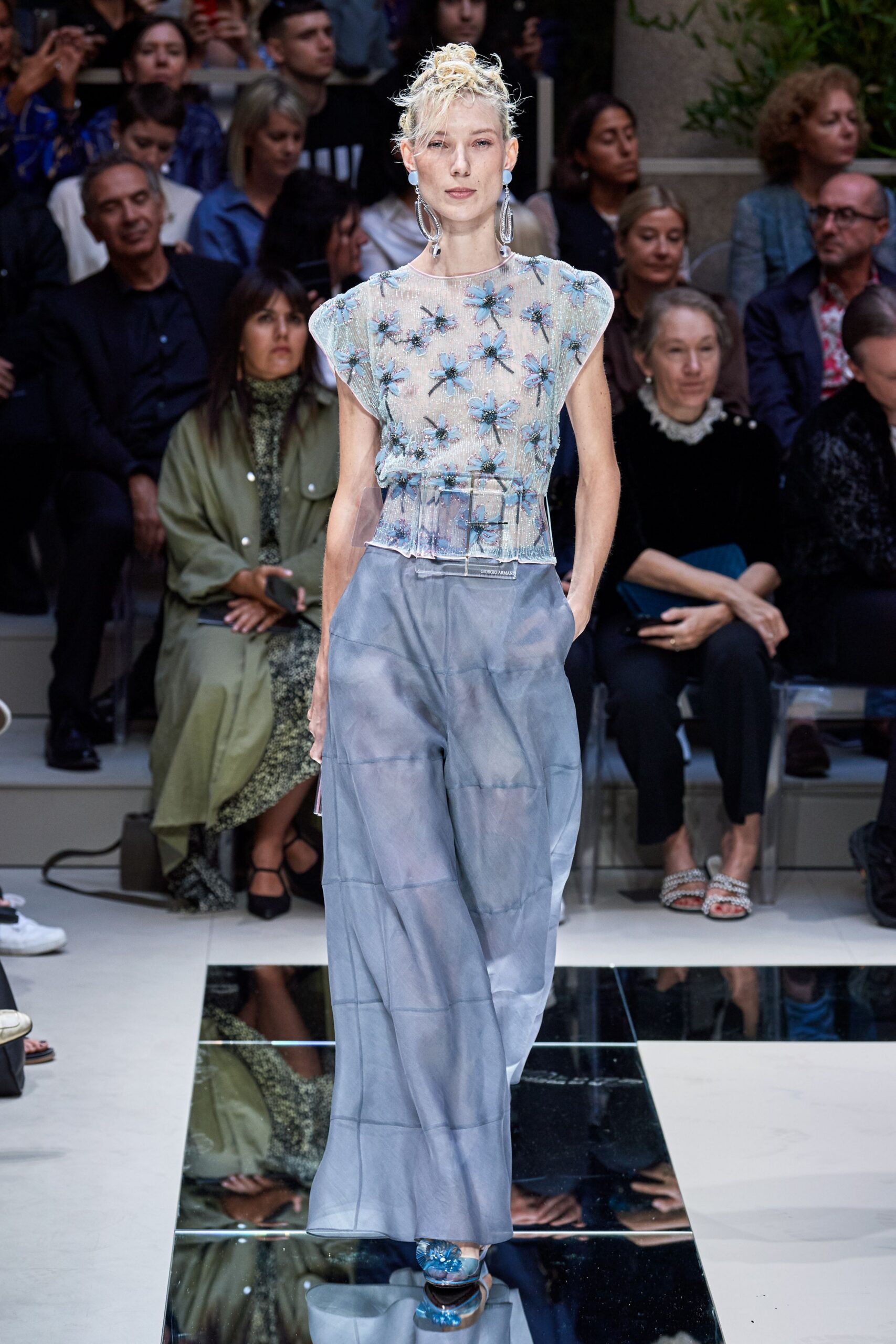 gray chiffon relaxed wide-leg flowing pants