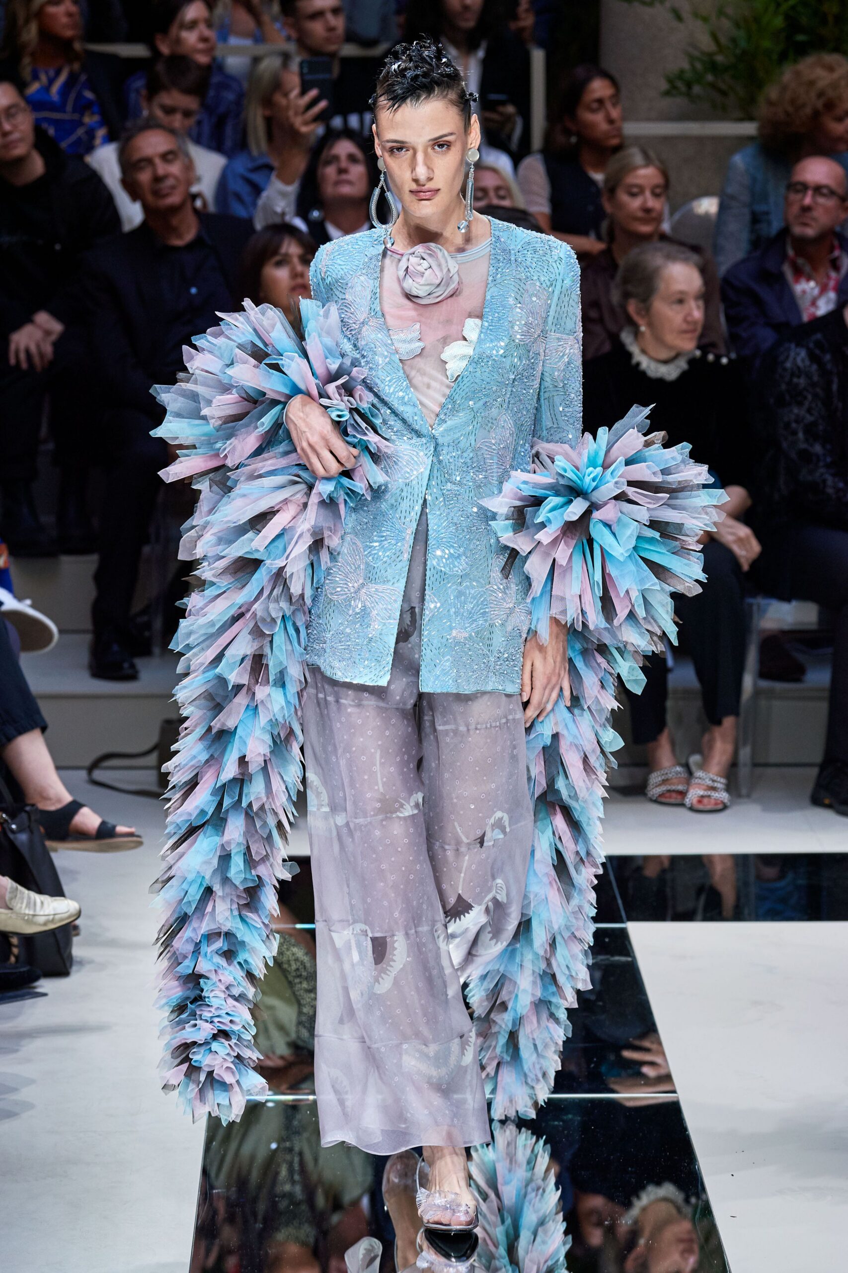 blue silk long-sleeve collared structured embroidered layered blazer