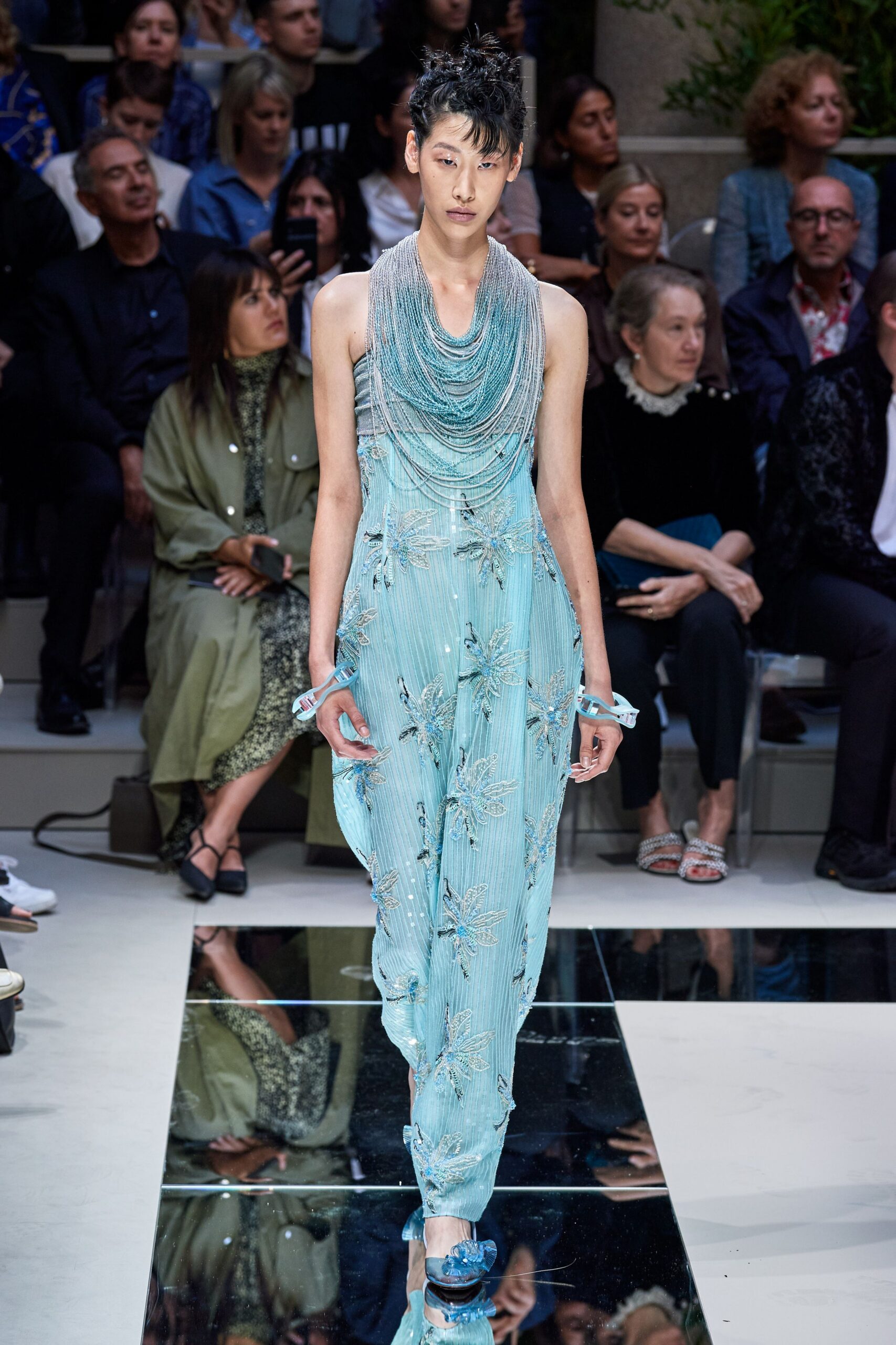 blue silk sleeveless high-neck fitted embroidered flowing dress