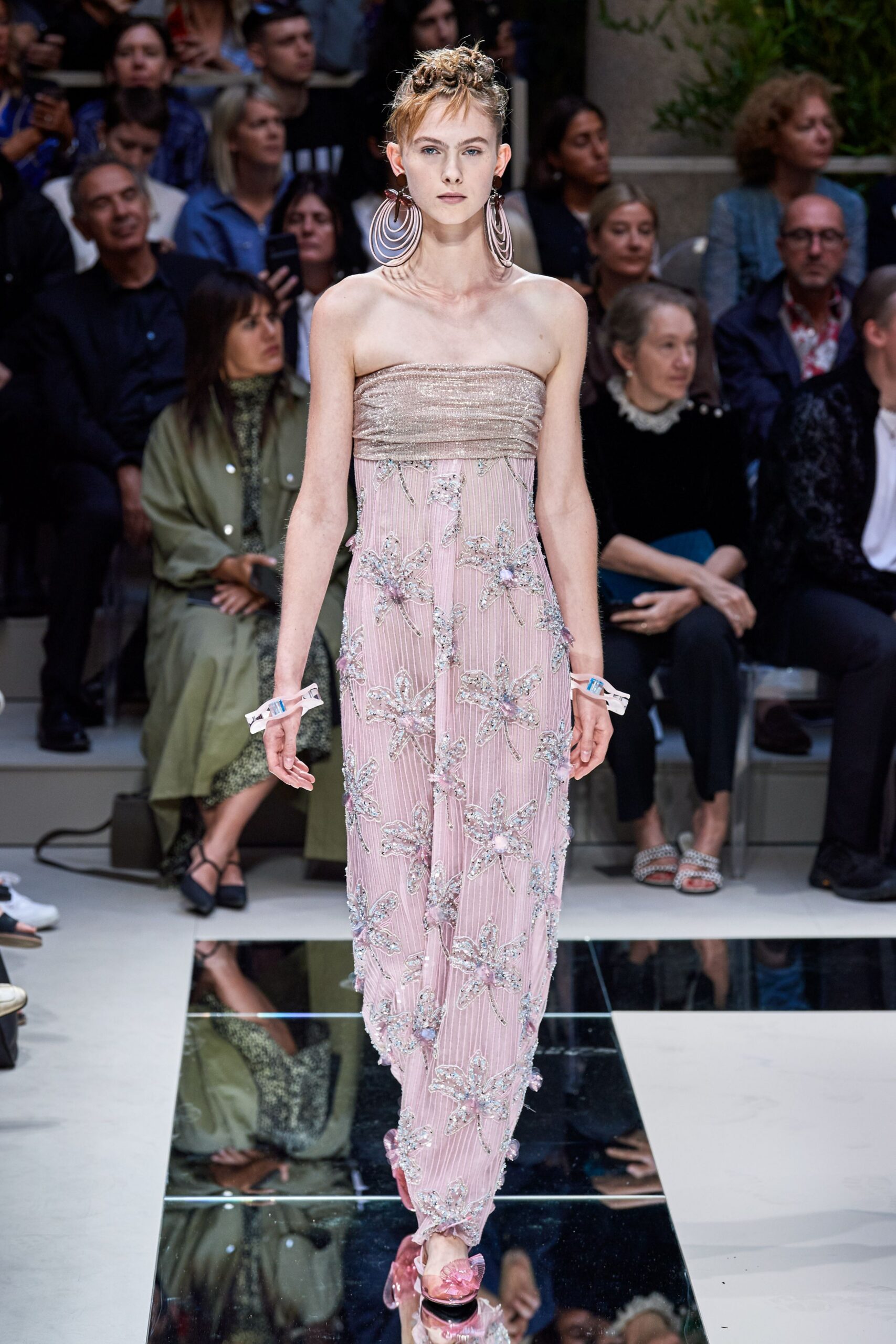 pink silk strapless fitted embroidered pleated shiny gown