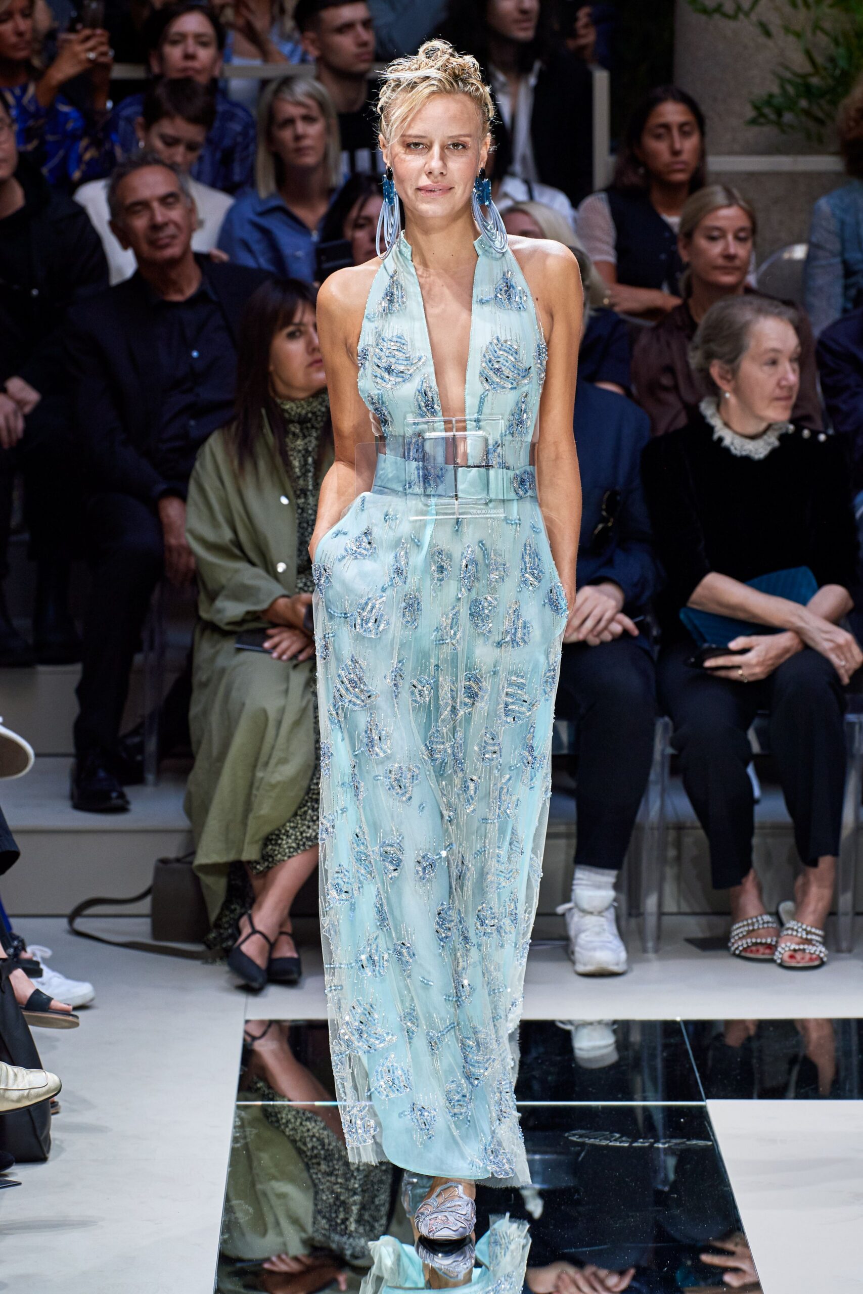 blue silk sleeveless v-neck fitted embroidered flowing jumpsuit