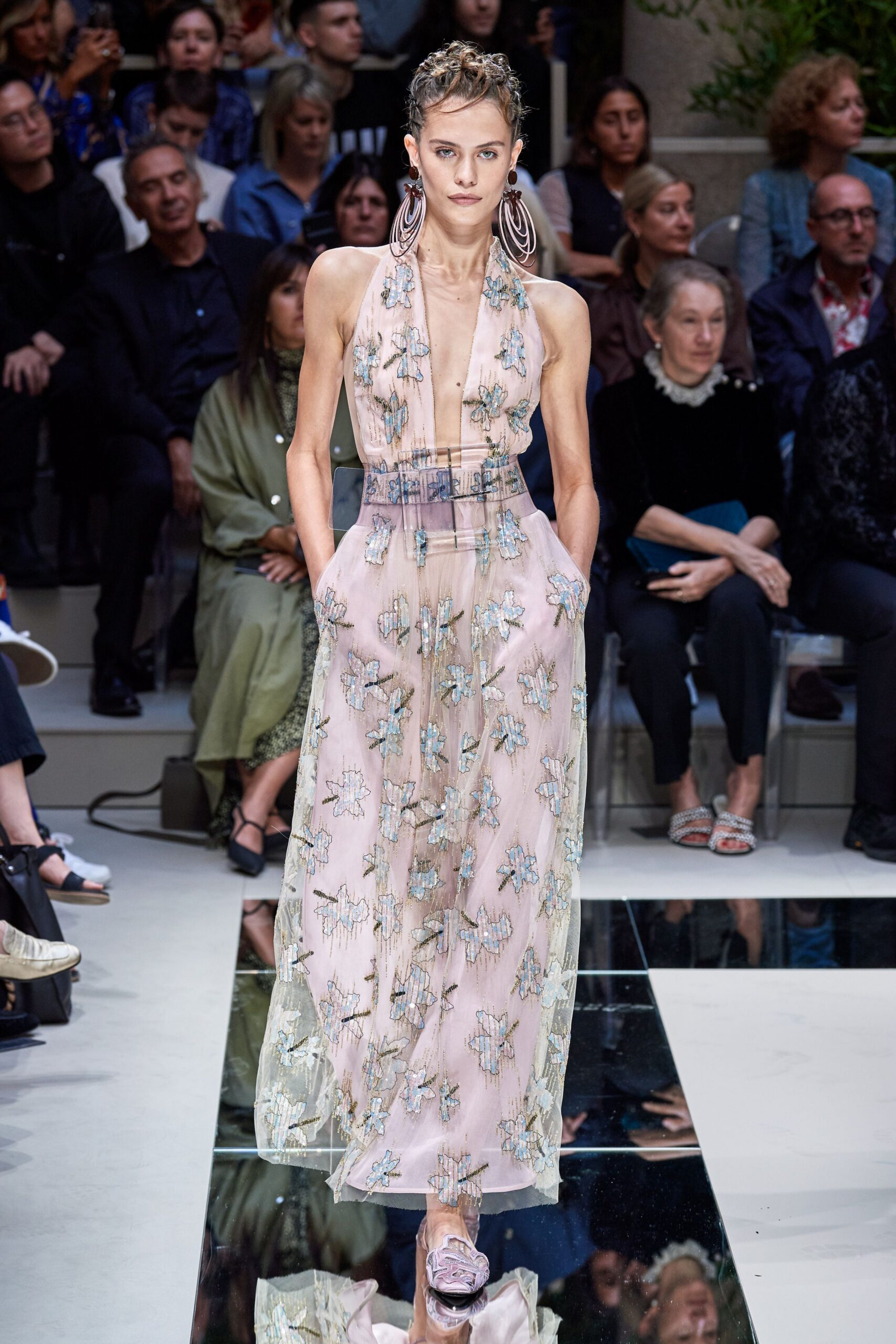 pink silk sleeveless v-neck fitted embroidered sheer gown