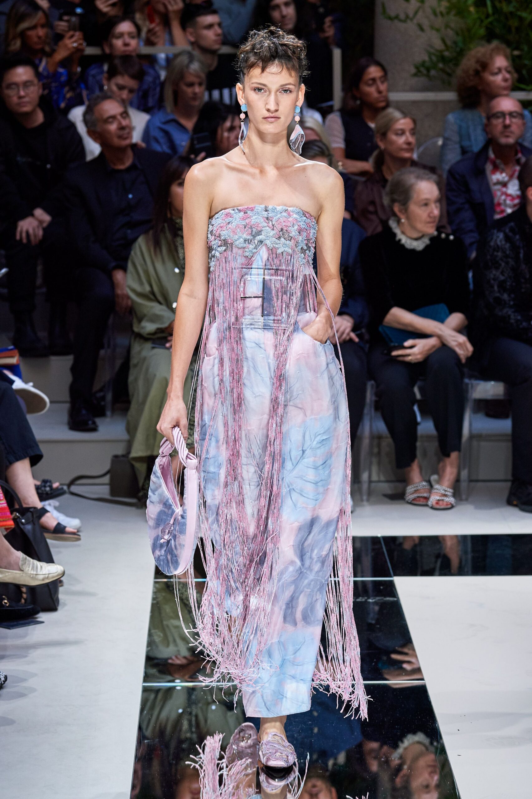 pink silk strapless fitted fringed layered flowing gown