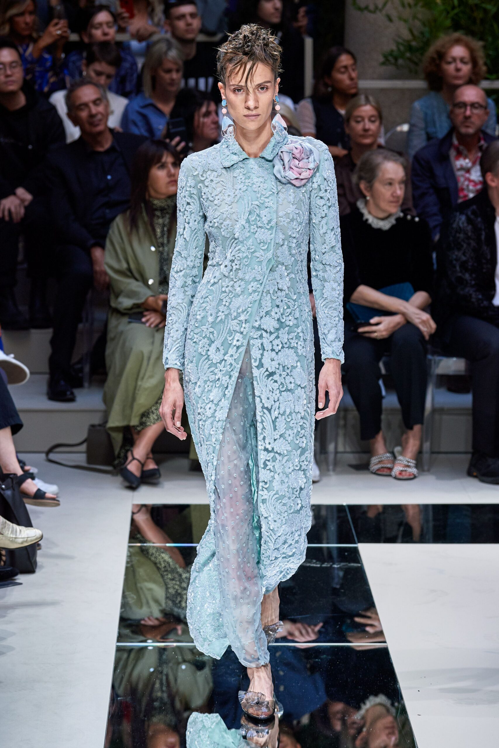 blue lace long-sleeve collared fitted embroidered dress