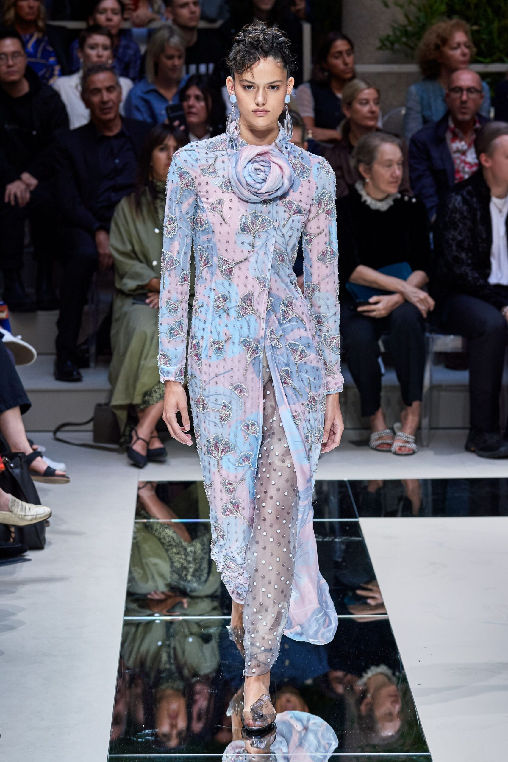 blue silk long-sleeve collared fitted embroidered layered dress