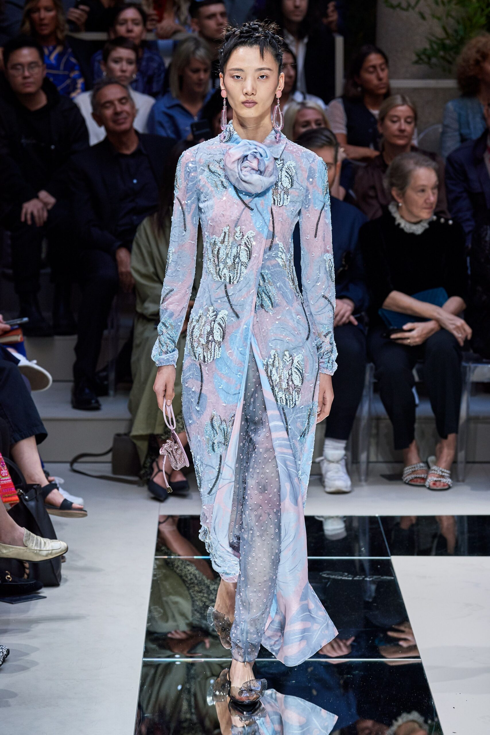 blue silk long-sleeve v-neck fitted embroidered layered dress