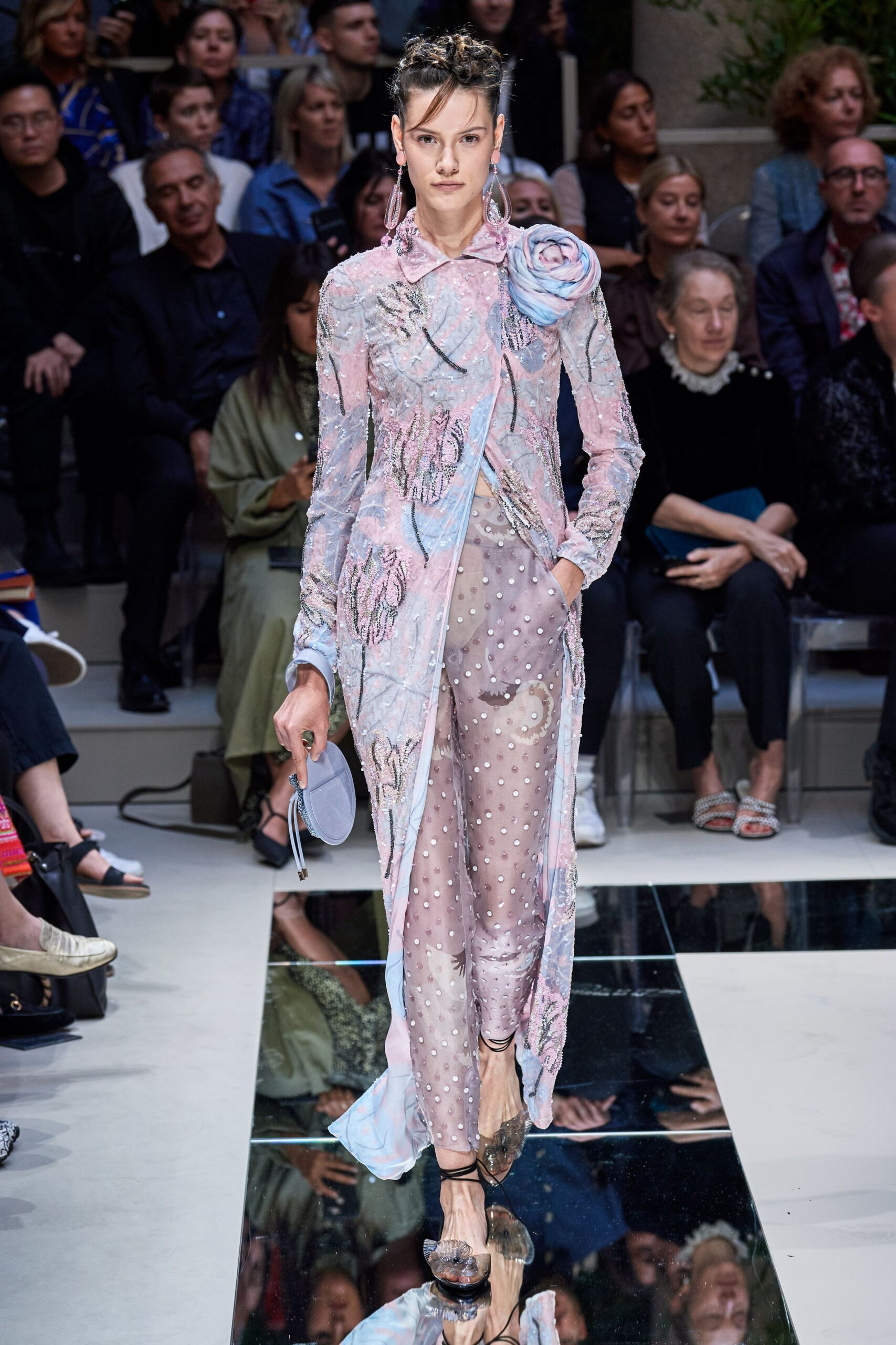 gray silk fitted polka-dot pants