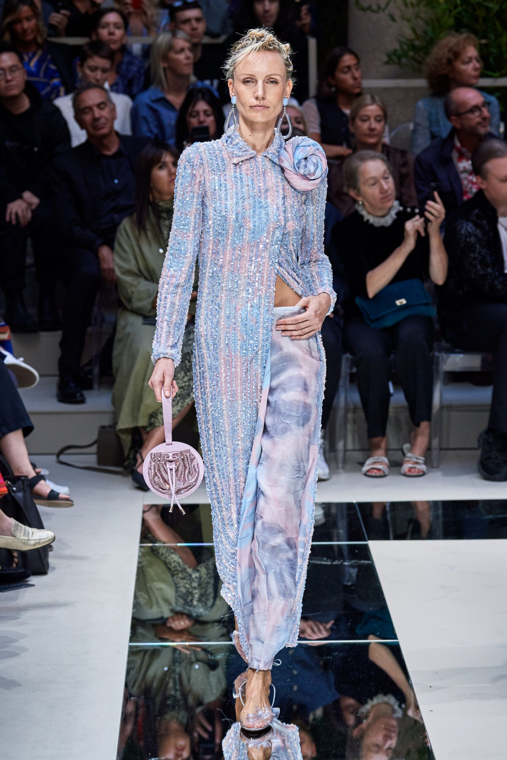 blue sequin long-sleeve collared fitted layered embellished dress