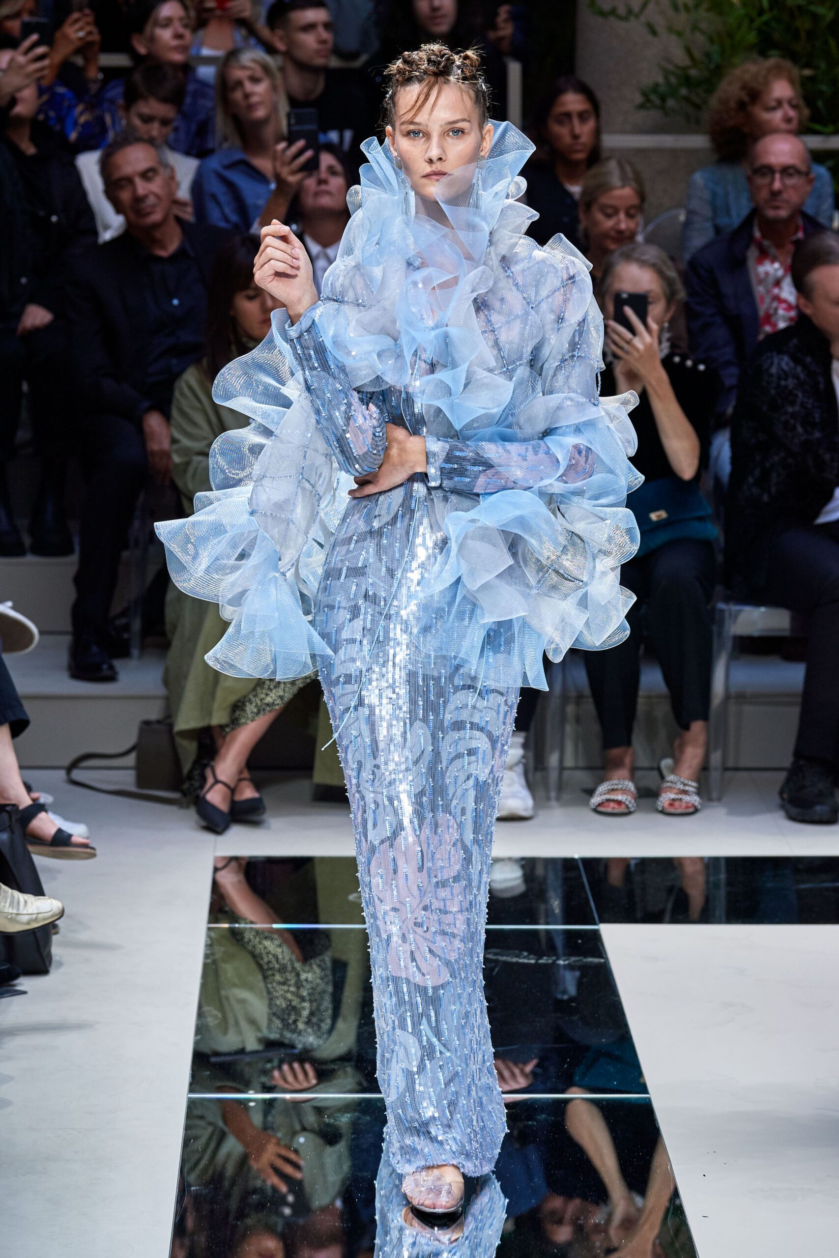 blue sequin long-sleeve high-neck fitted ruffled layered gown