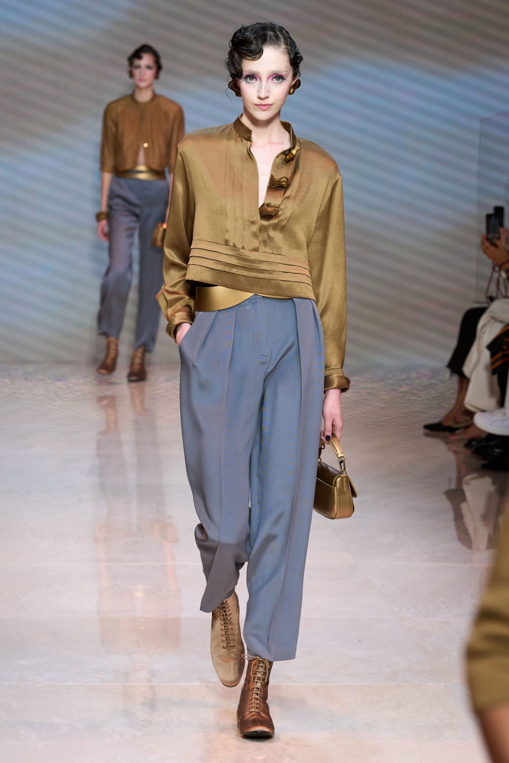 gold silk blouse gray tailored pants